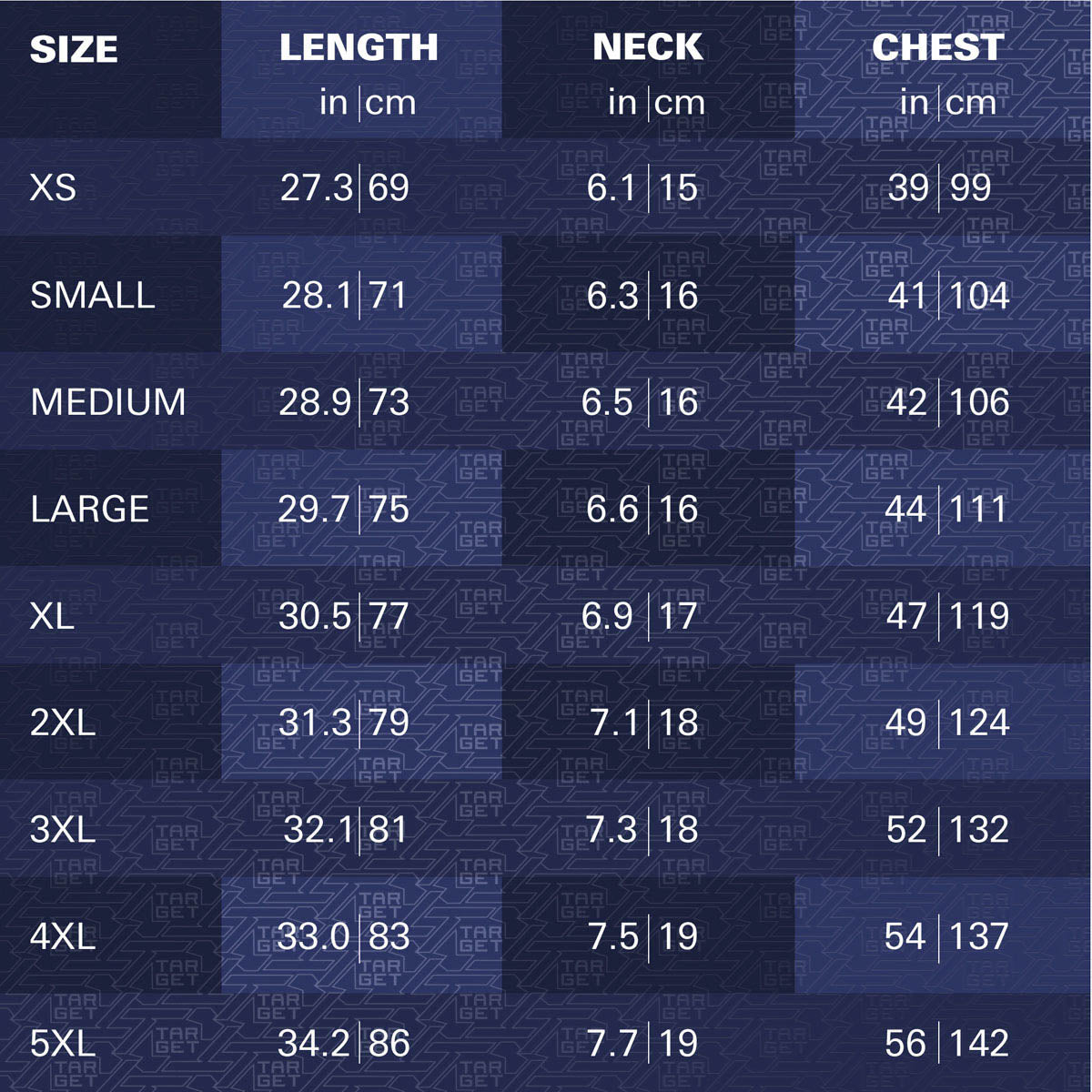 Target Josh Rock 2025 Playing Shirt sizing guide image showing available measurements and fit information