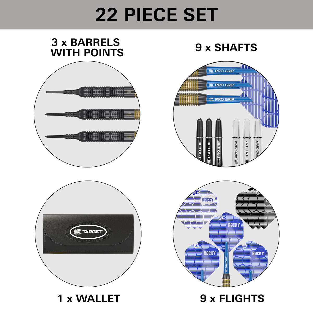 Josh Rock Brass Soft Tip Darts contents image displaying everything included inside the box
