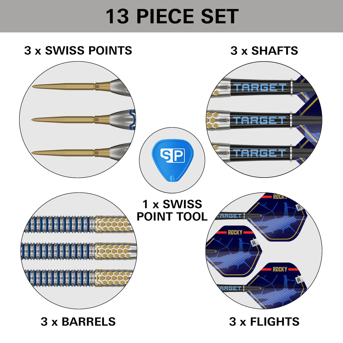 Josh Rock G1 SP Steel Tip Darts what’s included image showing all items supplied inside the box