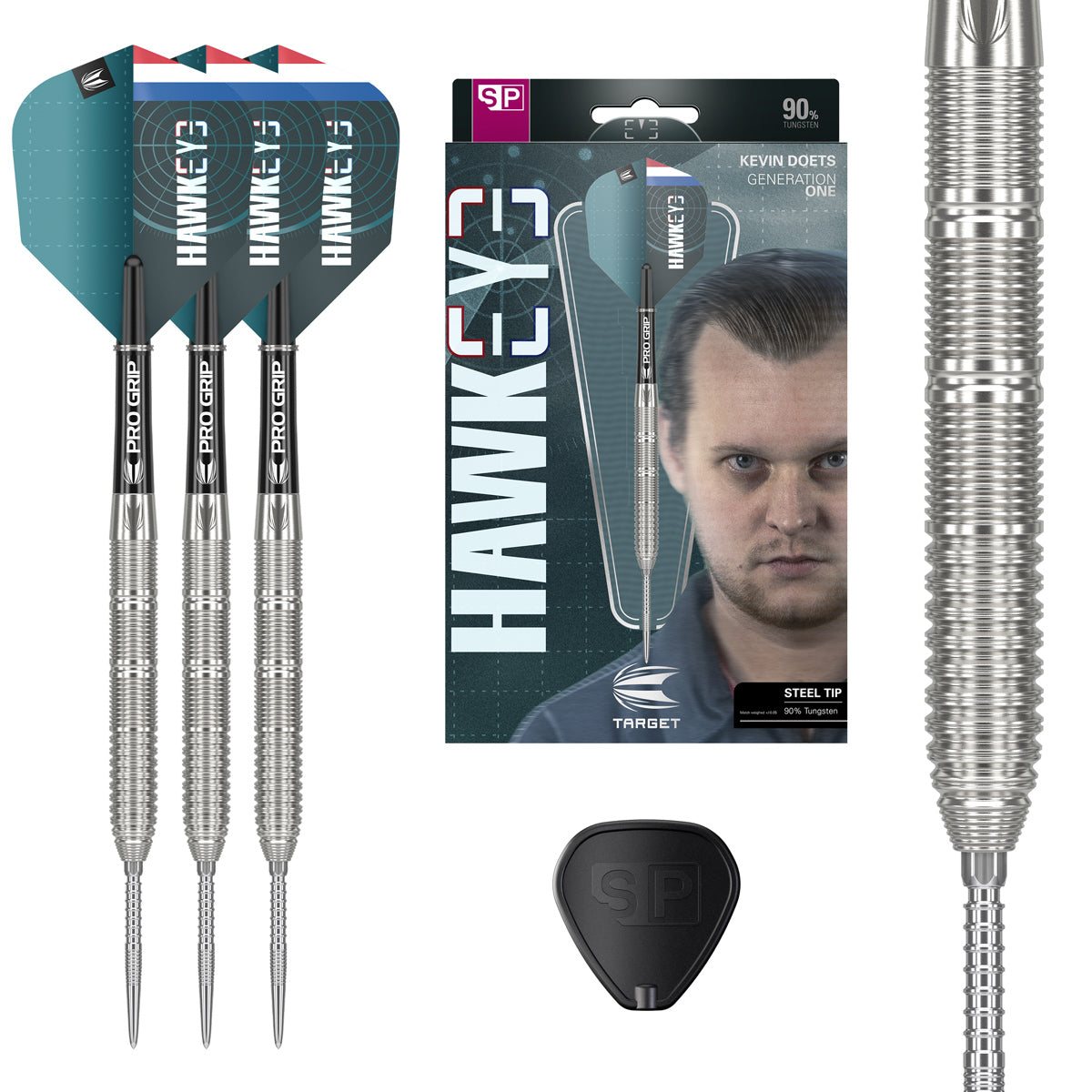 Kevin Doets SP Steel Tip Darts main product image showing the darts, packaging, flights, shafts, and included accessories