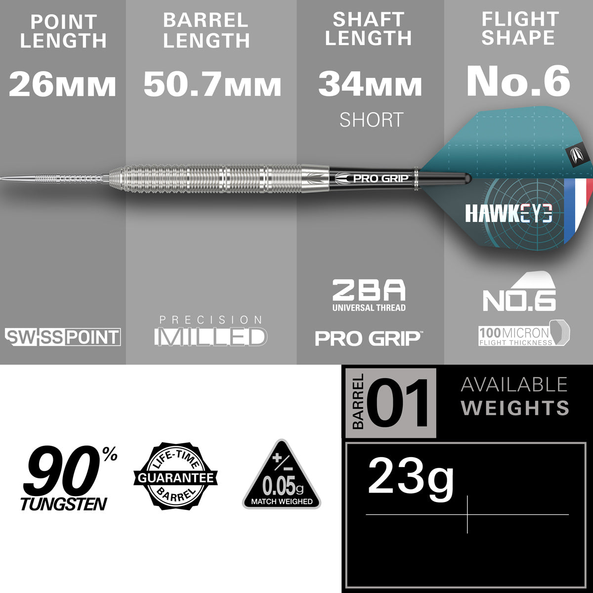 Kevin Doets Steel Tip Darts specifications image showing barrel dimensions, weight, and technical details