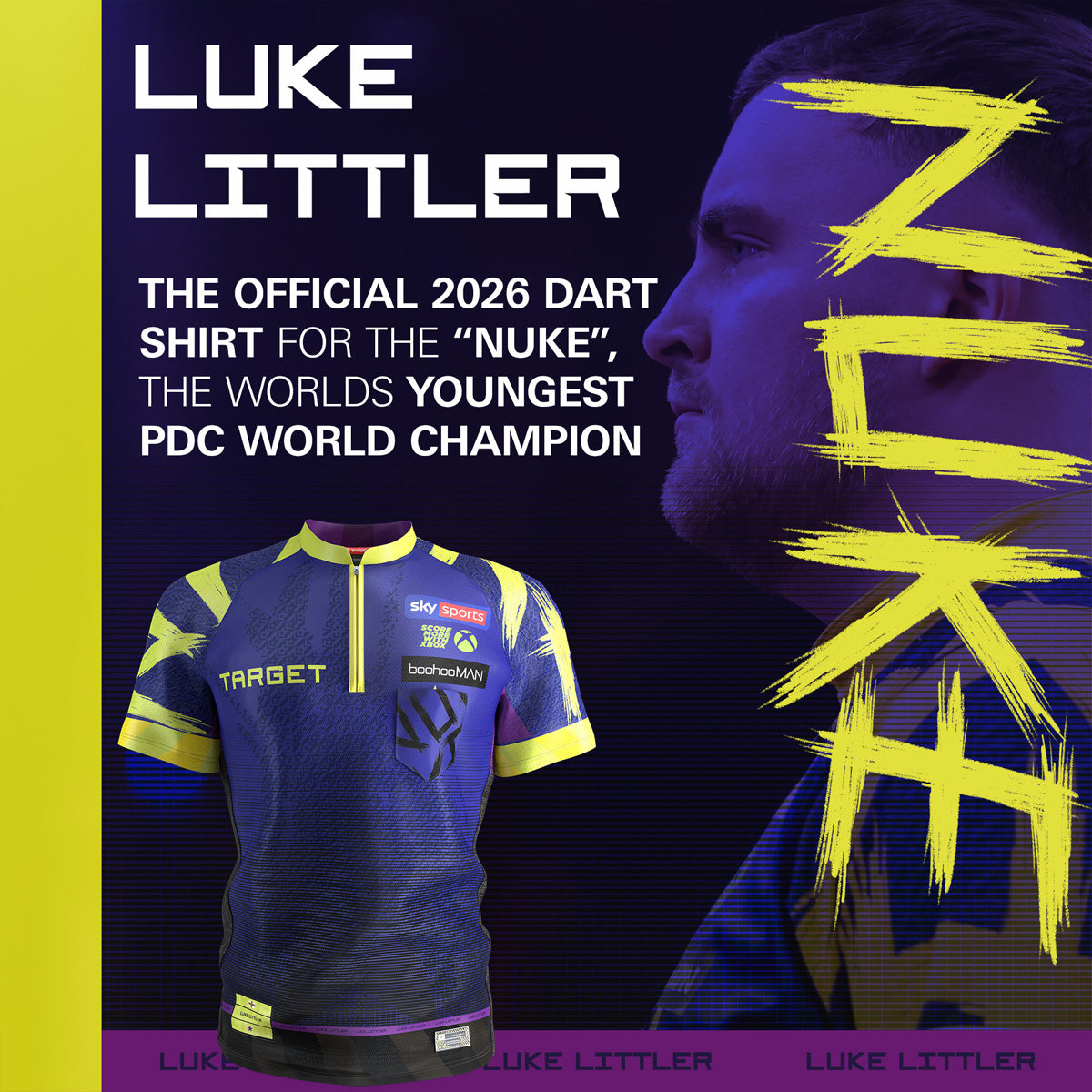 Target Luke Littler 2026 Playing Shirt front view image showing the complete shirt design, colours, and sponsor logos