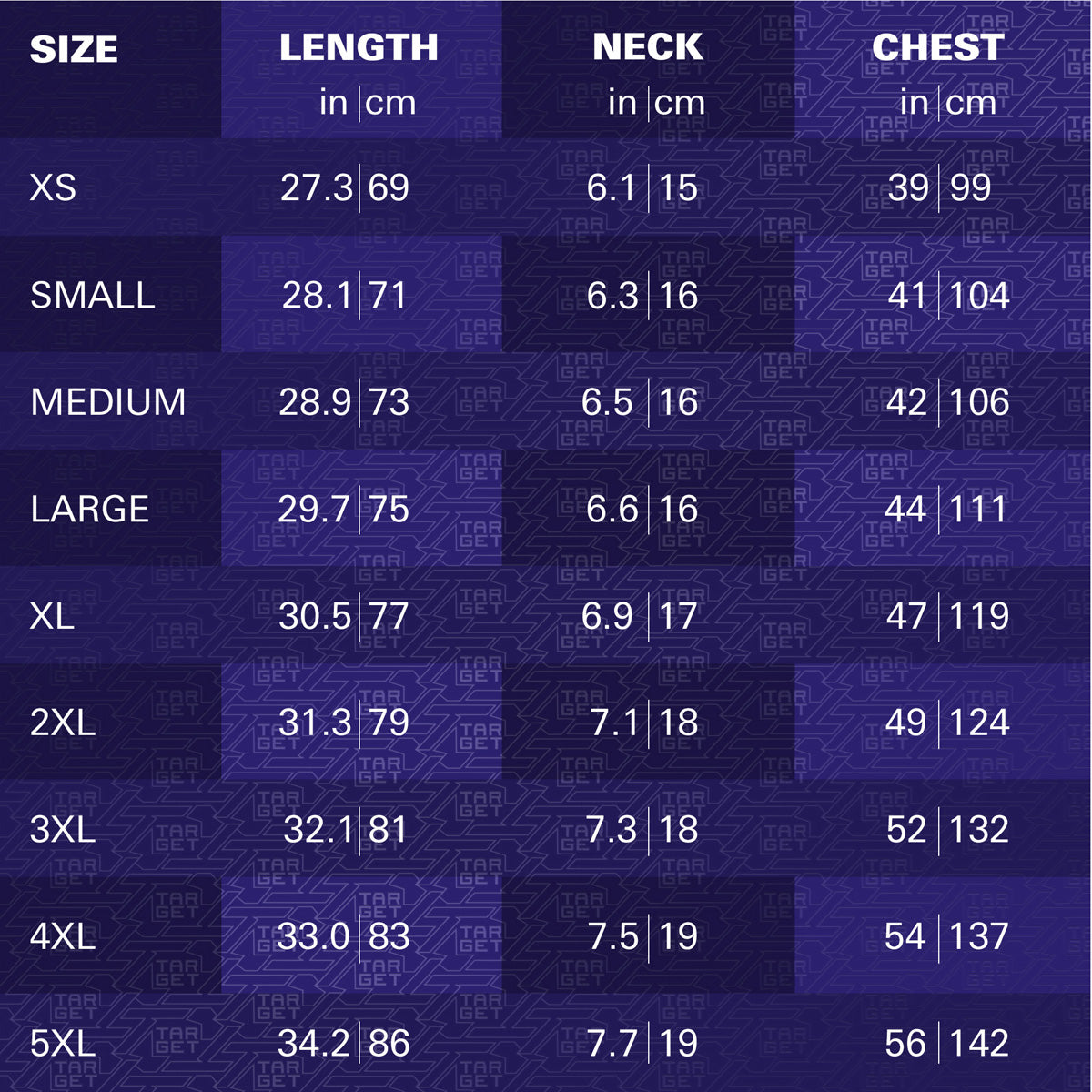 Target Luke Littler 2026 Playing Shirt sizing guide image showing available measurements and fit information