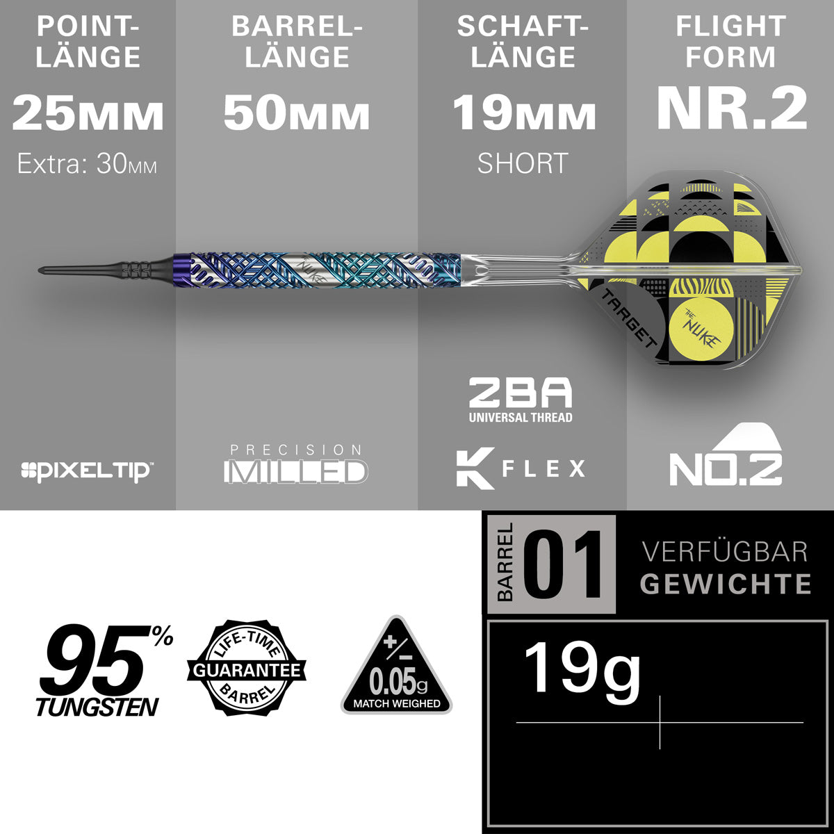 Luke Littler Edge Soft Tip Darts specifications image showing barrel dimensions, weight, and technical details