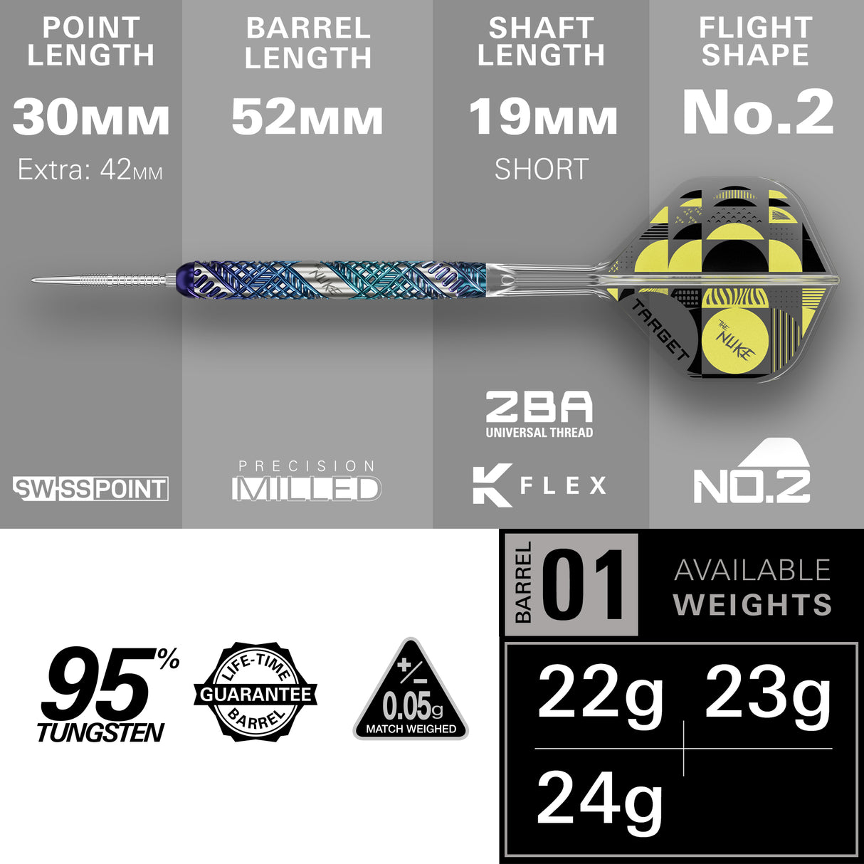 Luke Littler Edge Steel Tip Darts specifications image showing barrel dimensions, weight, and technical details