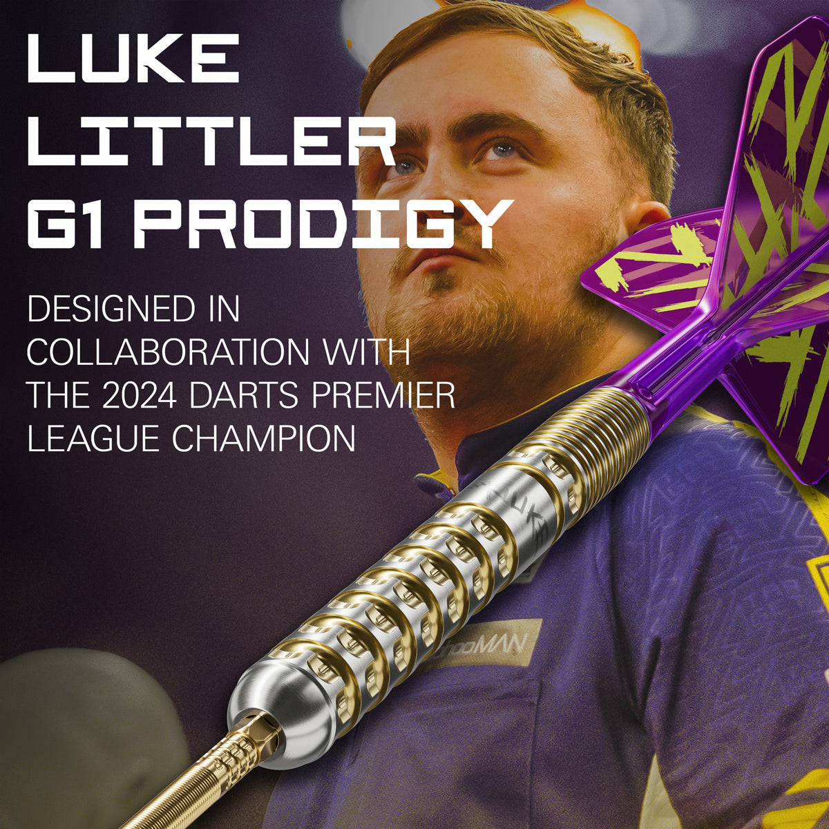 Luke Littler G1 Prodigy SP Steel Tip Darts player card image showing the collaboration with professional darts player Luke Littler