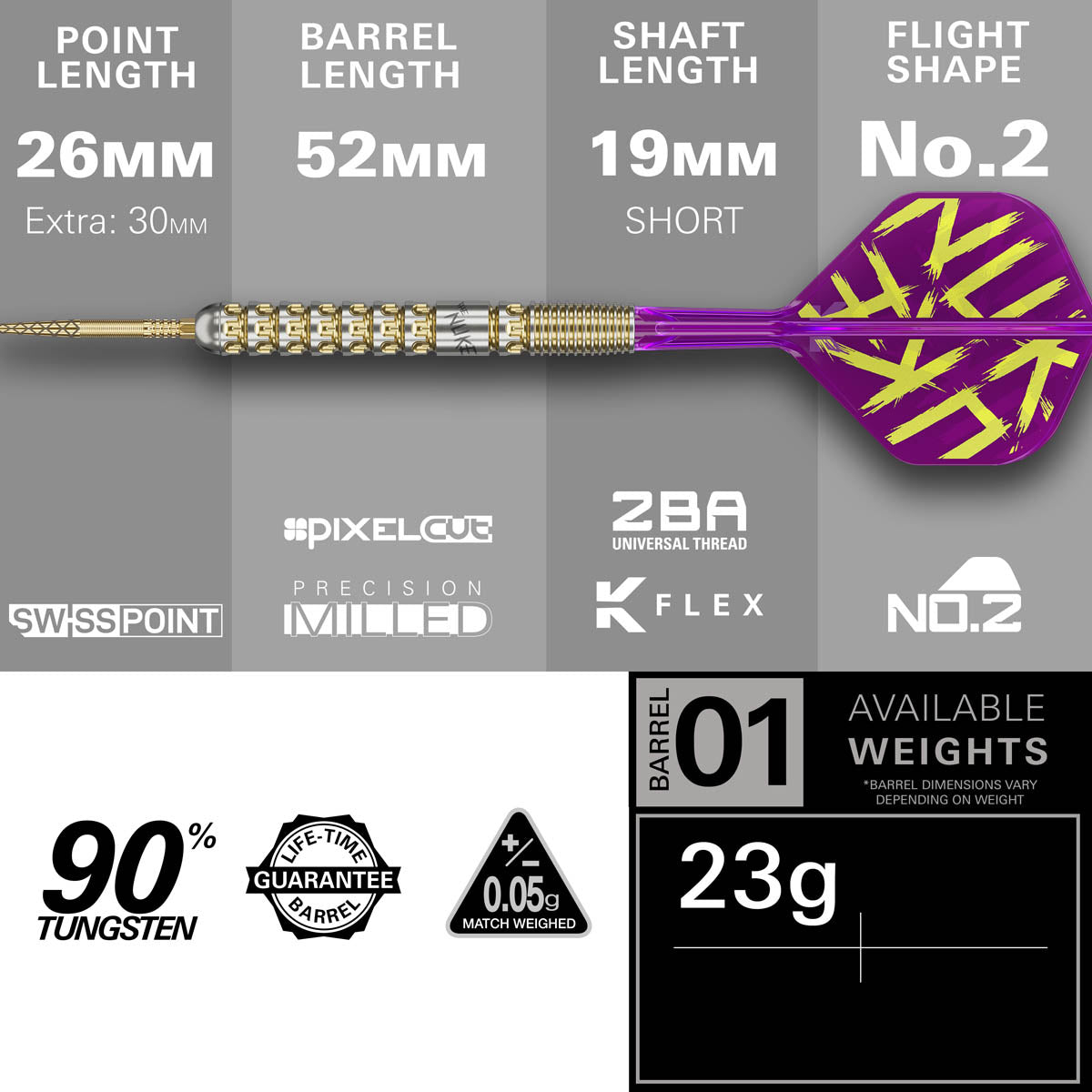 Luke Littler G1 Prodigy SP Steel Tip Darts specifications image displaying barrel dimensions and technical details