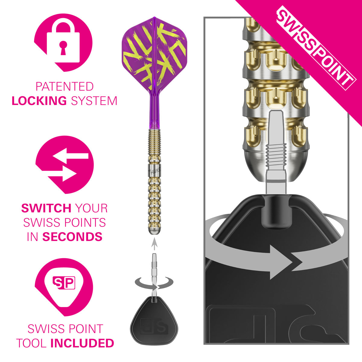 Luke Littler G1 Prodigy SP Steel Tip Darts Swiss Point demonstration image showing the interchangeable point system