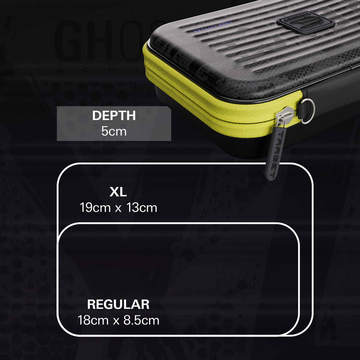 Target Luke Littler Takoma Ghost XL Dart Case dimensions image showing product measurements and storage capacity