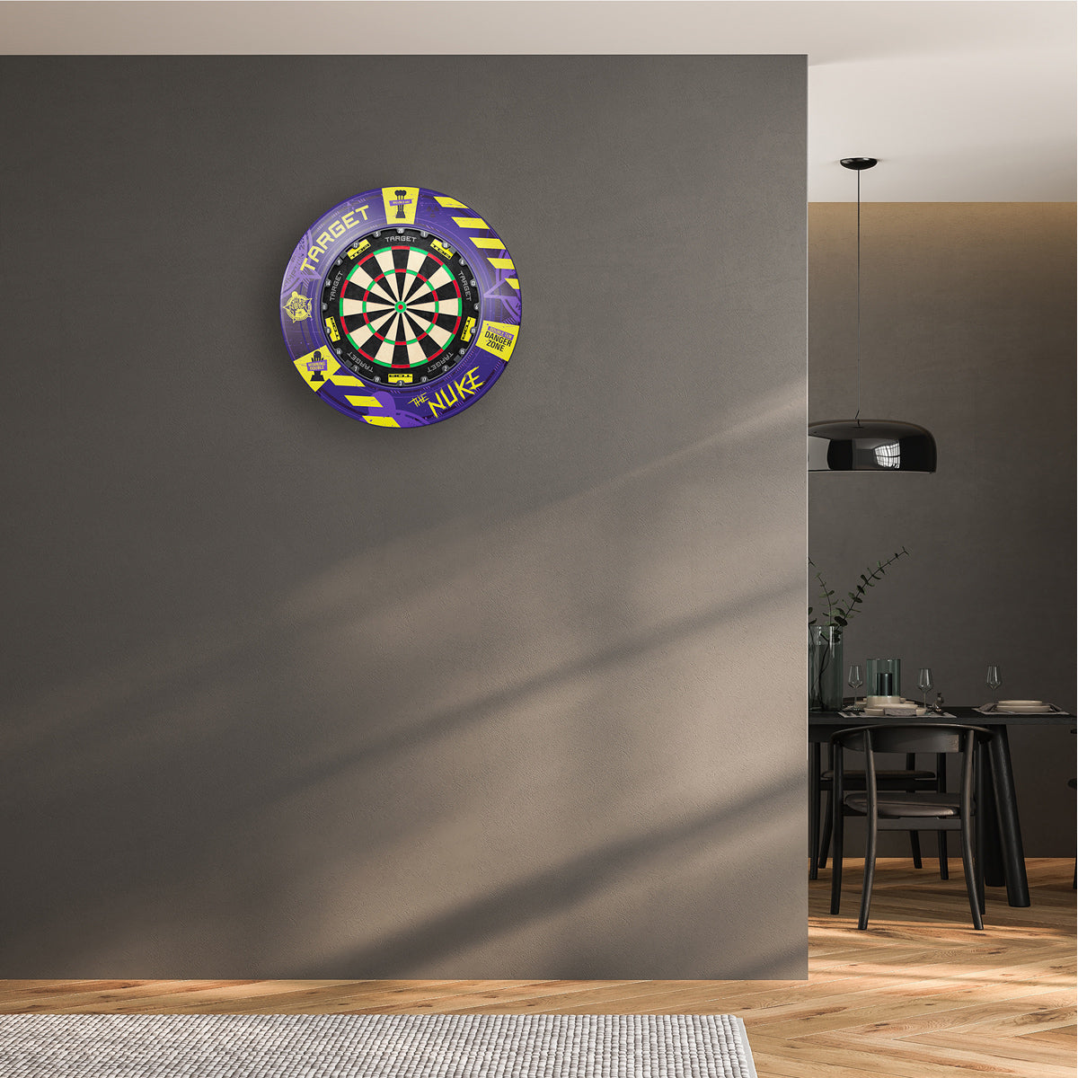Luke Littler World Champion Surround and TOR Dartboard Bundle by Target lifestyle image showing the dartboard bundle installed and ready for play in a real world setting