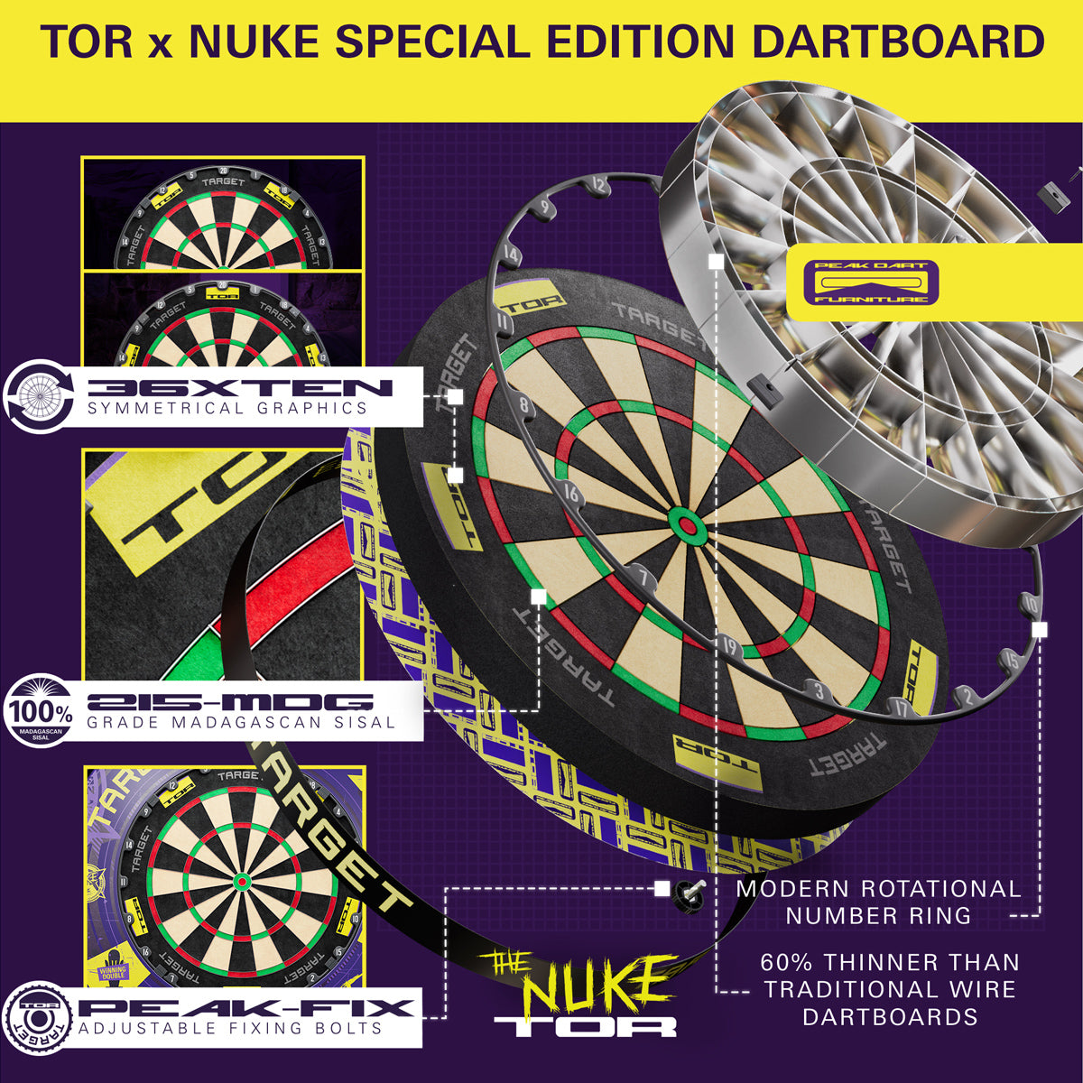 Luke Littler World Champion Surround and TOR Dartboard Bundle by Target close up image highlighting the sisal fibre construction and playing surface