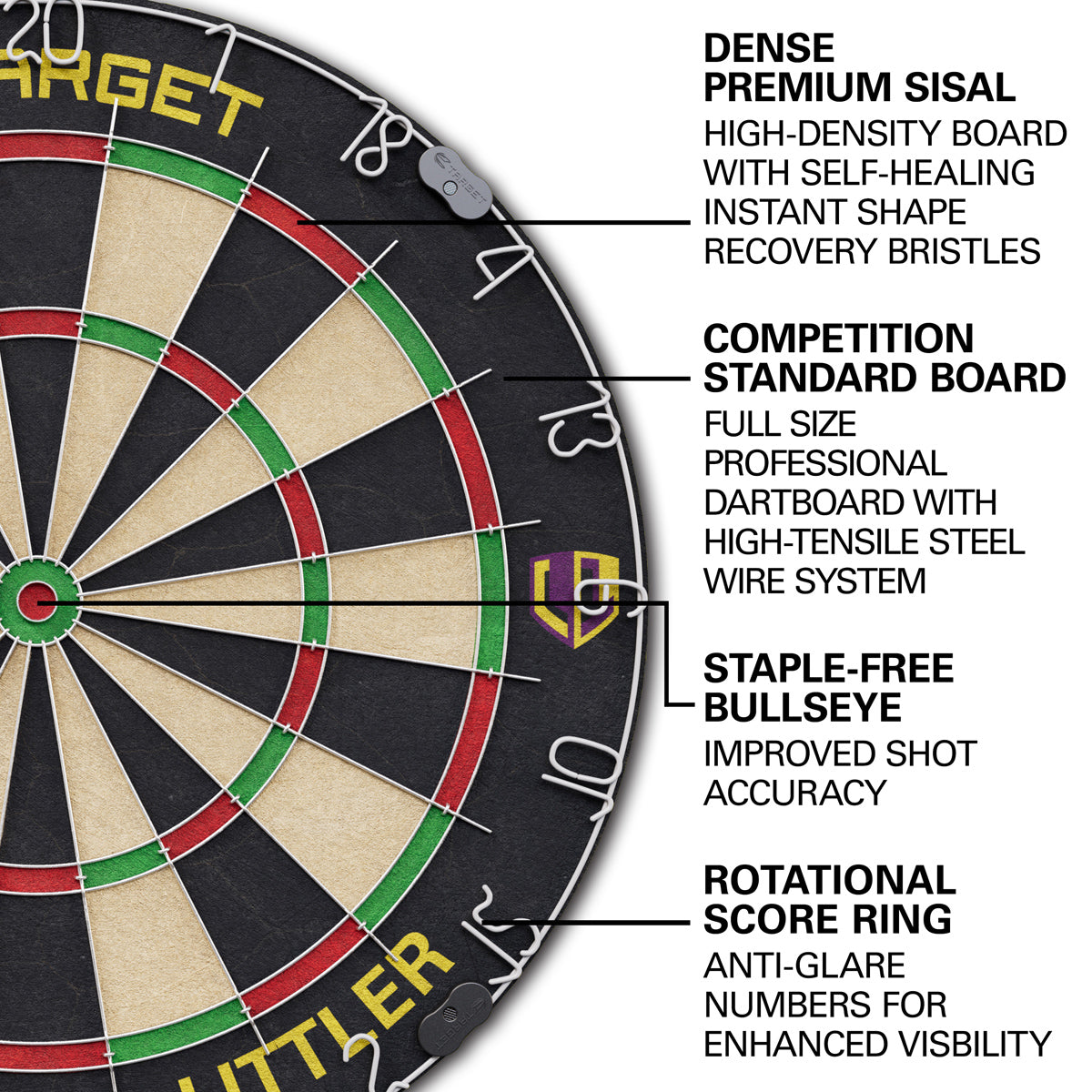 Luke The Nuke Littler Cabinet and Dartboard Set by Target image highlighting the dartboard playing surface and sisal construction and the number ring