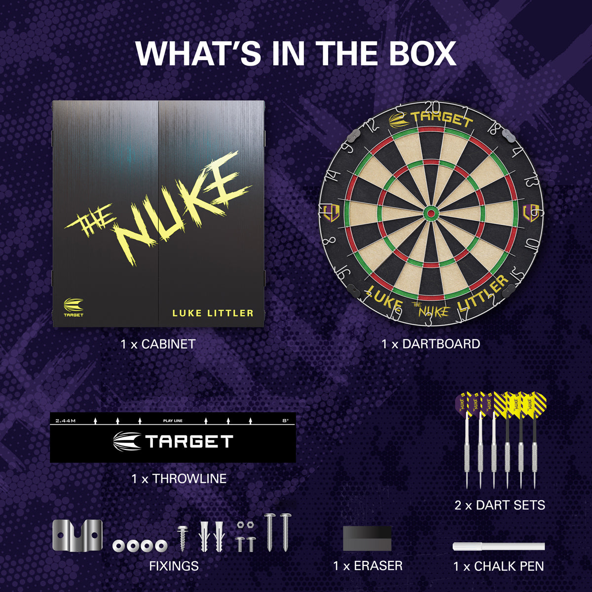 Luke The Nuke Littler Cabinet and Dartboard Set by Target image showing everything included inside the box
