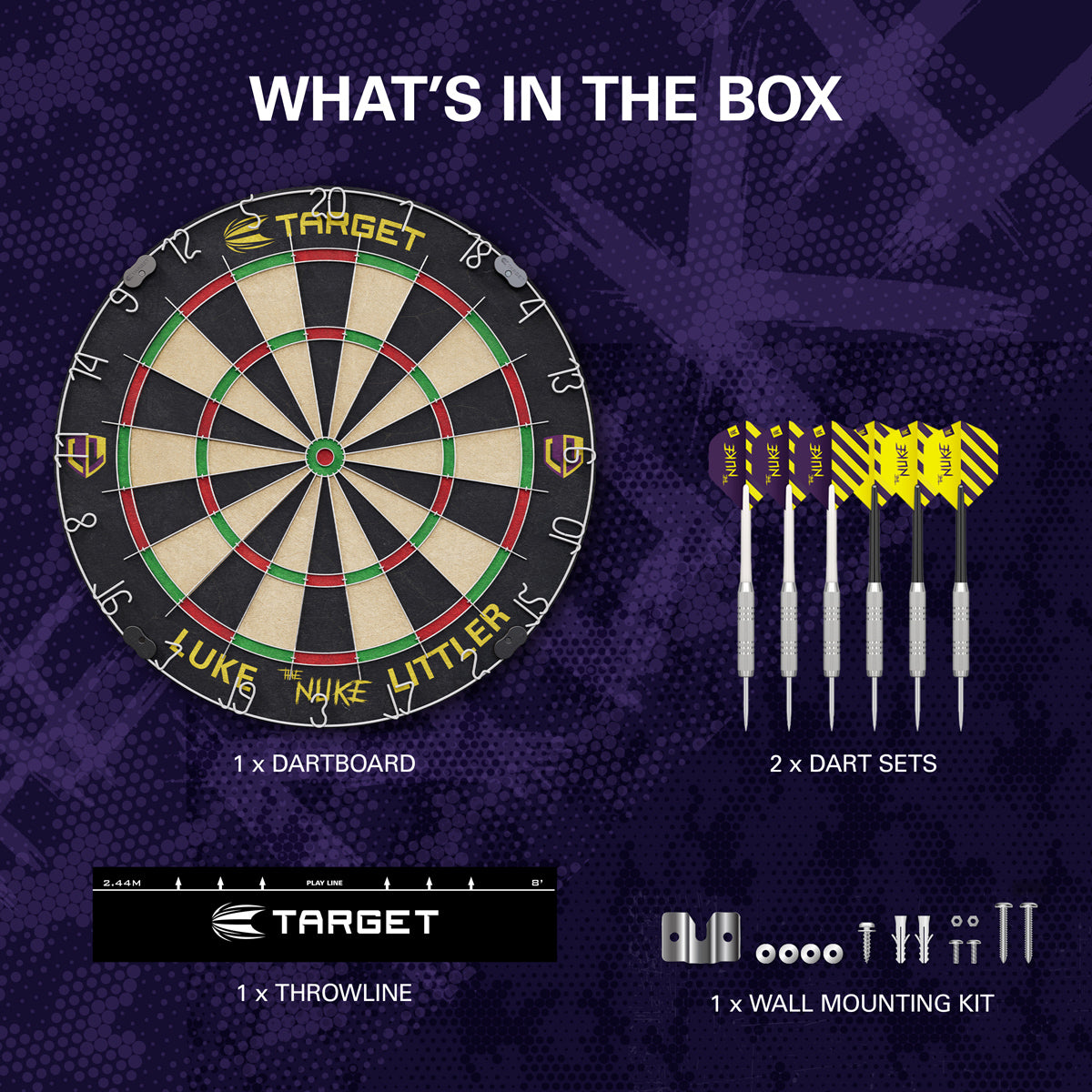 Luke The Nuke Littler Dartboard Set by Target image showing everything included inside the box