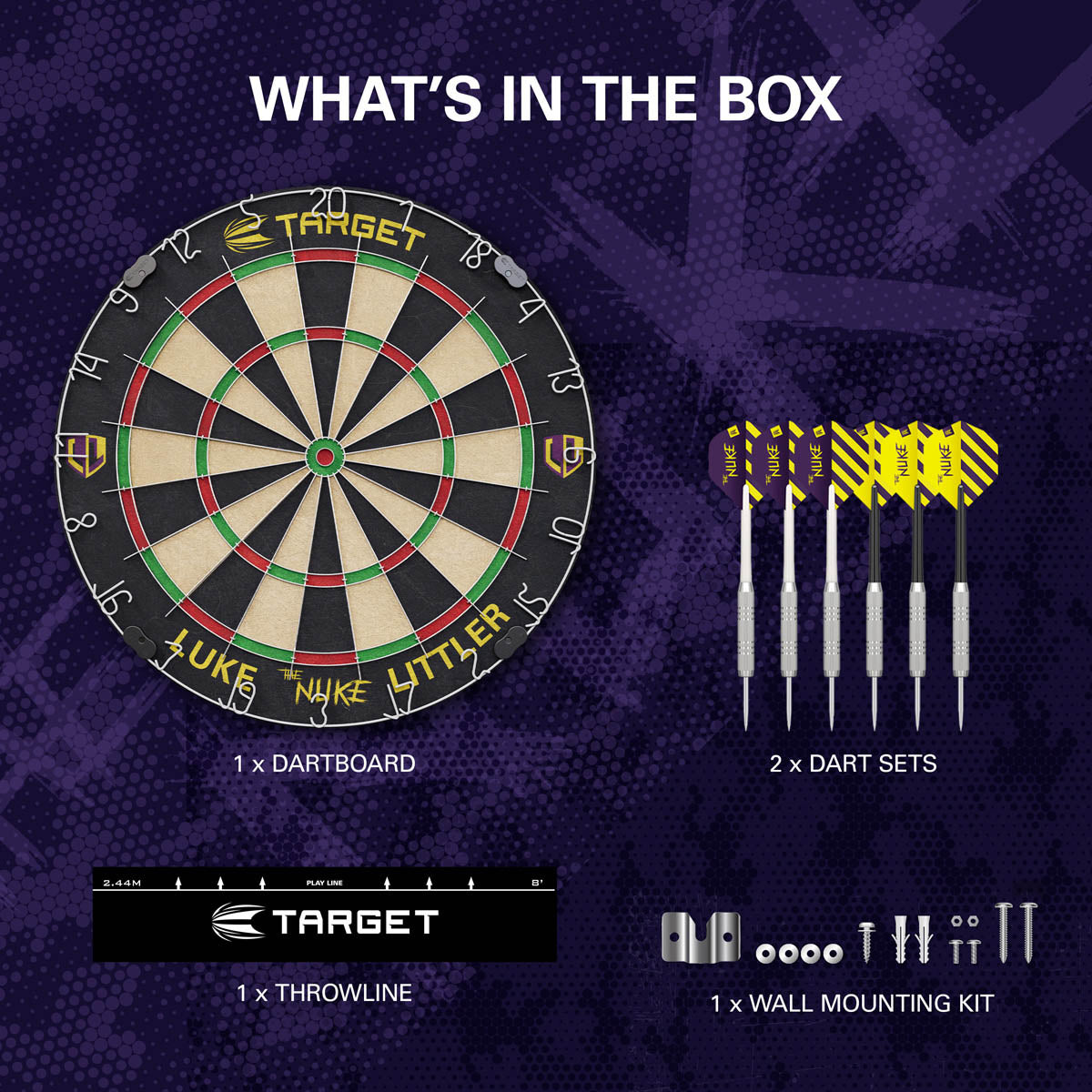 Luke The Nuke Littler Dartboard Set by Target image showing everything included inside the box