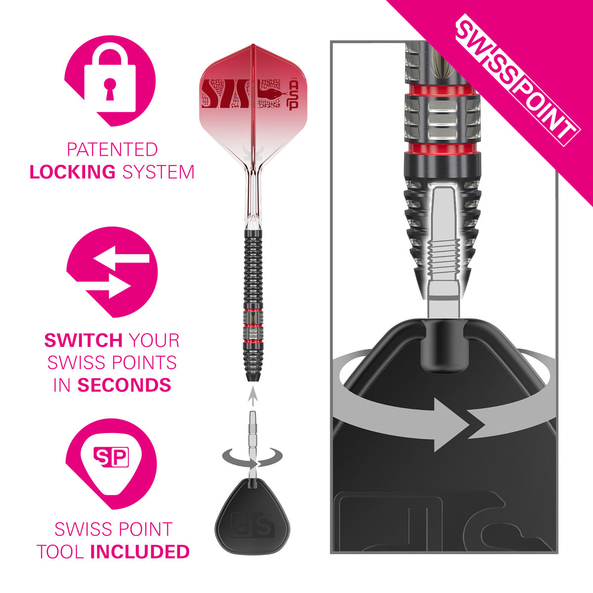Nathan Aspinall Asp 95K Swiss Point demonstration image showing the interchangeable point system in use