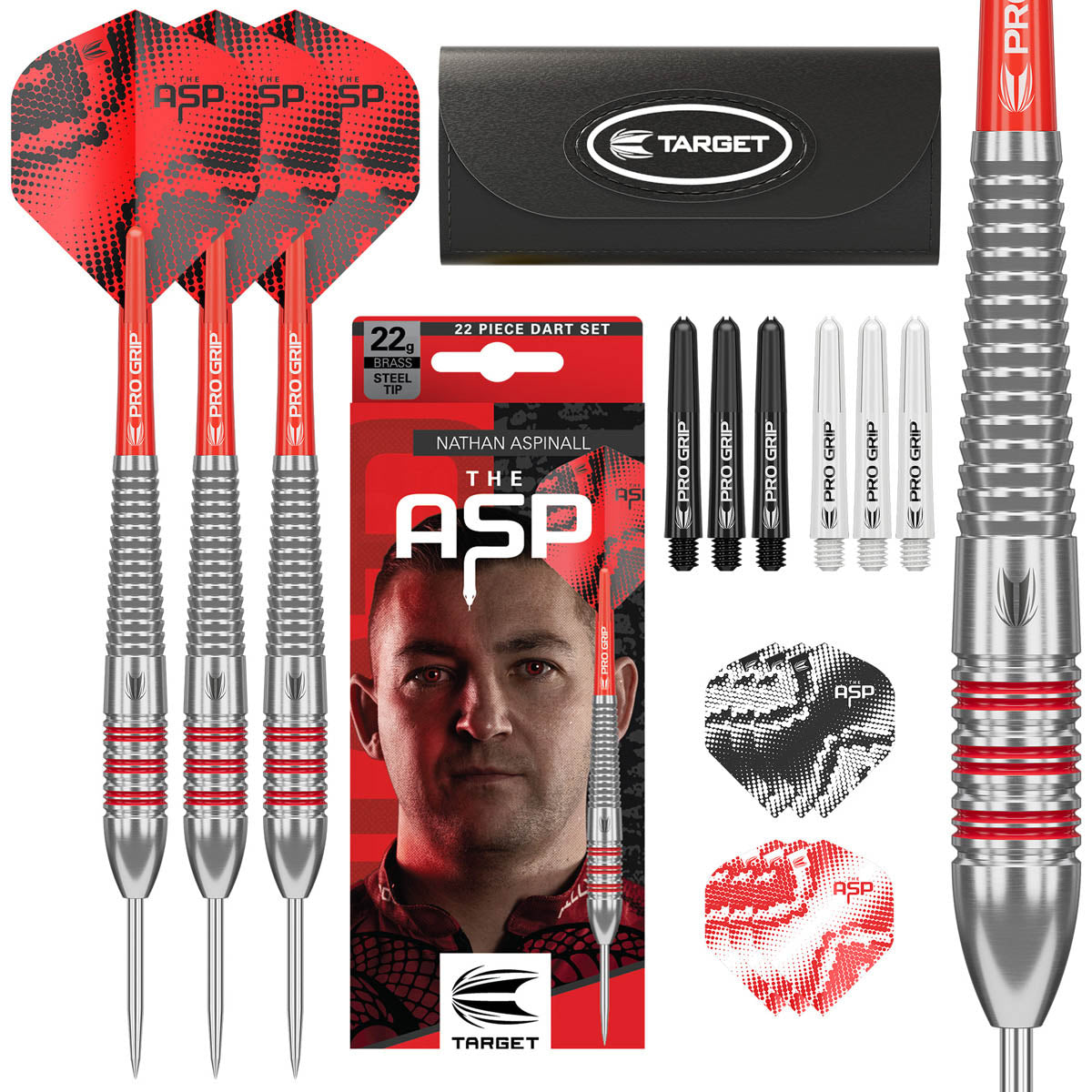 Nathan Aspinall Brass Steel Tip Darts main product image showing the darts, packaging, flights, shafts, and included accessories