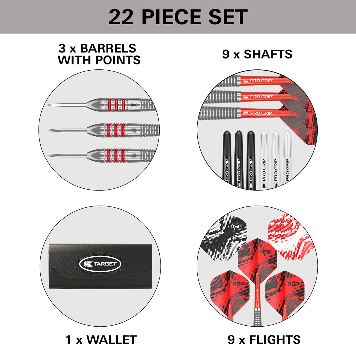 Nathan Aspinall Brass Steel Tip Darts contents image displaying everything included inside the box