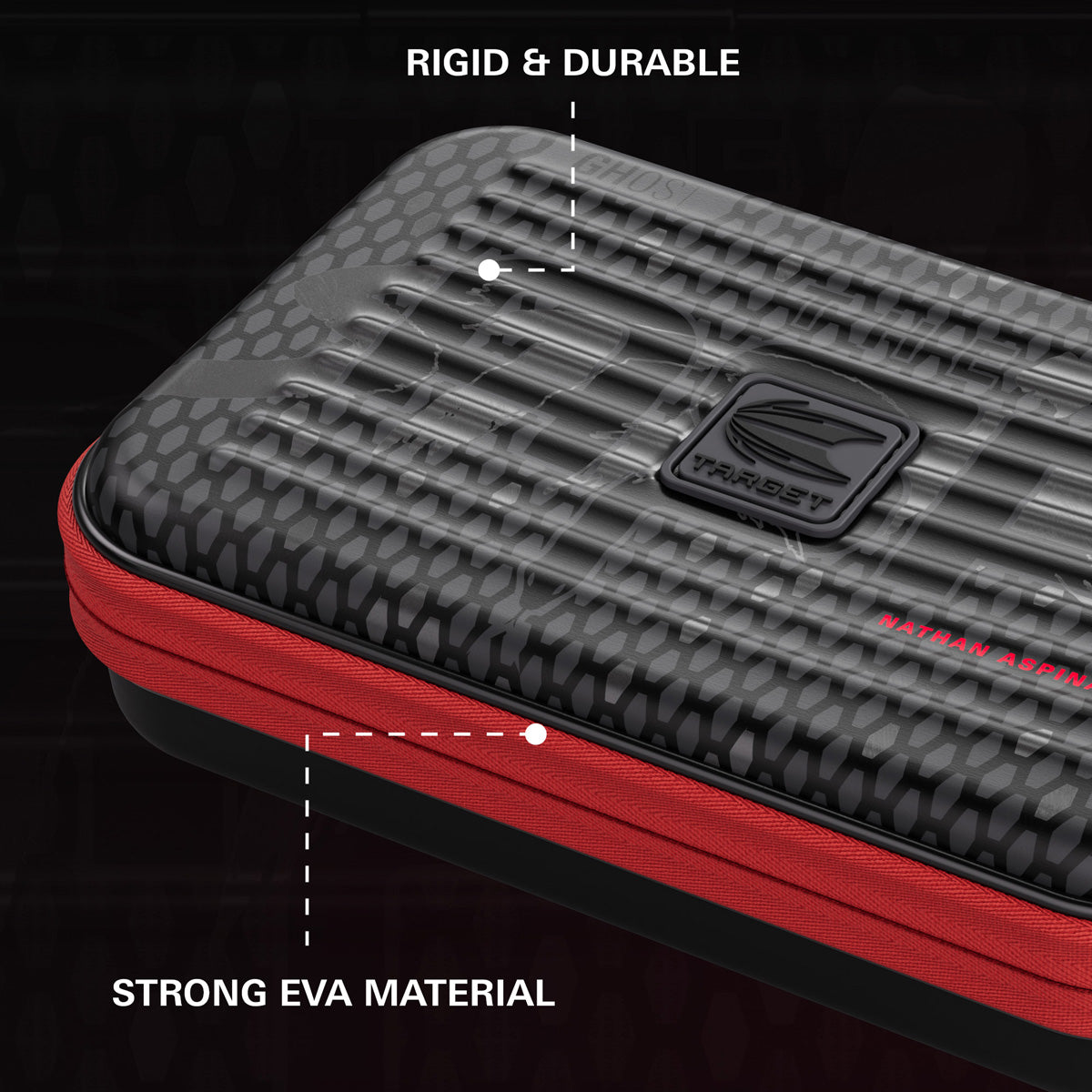 Target Nathan Aspinall Takoma Ghost XL Dart Case image highlighting the external materials, zip, handle, branding, and protective construction