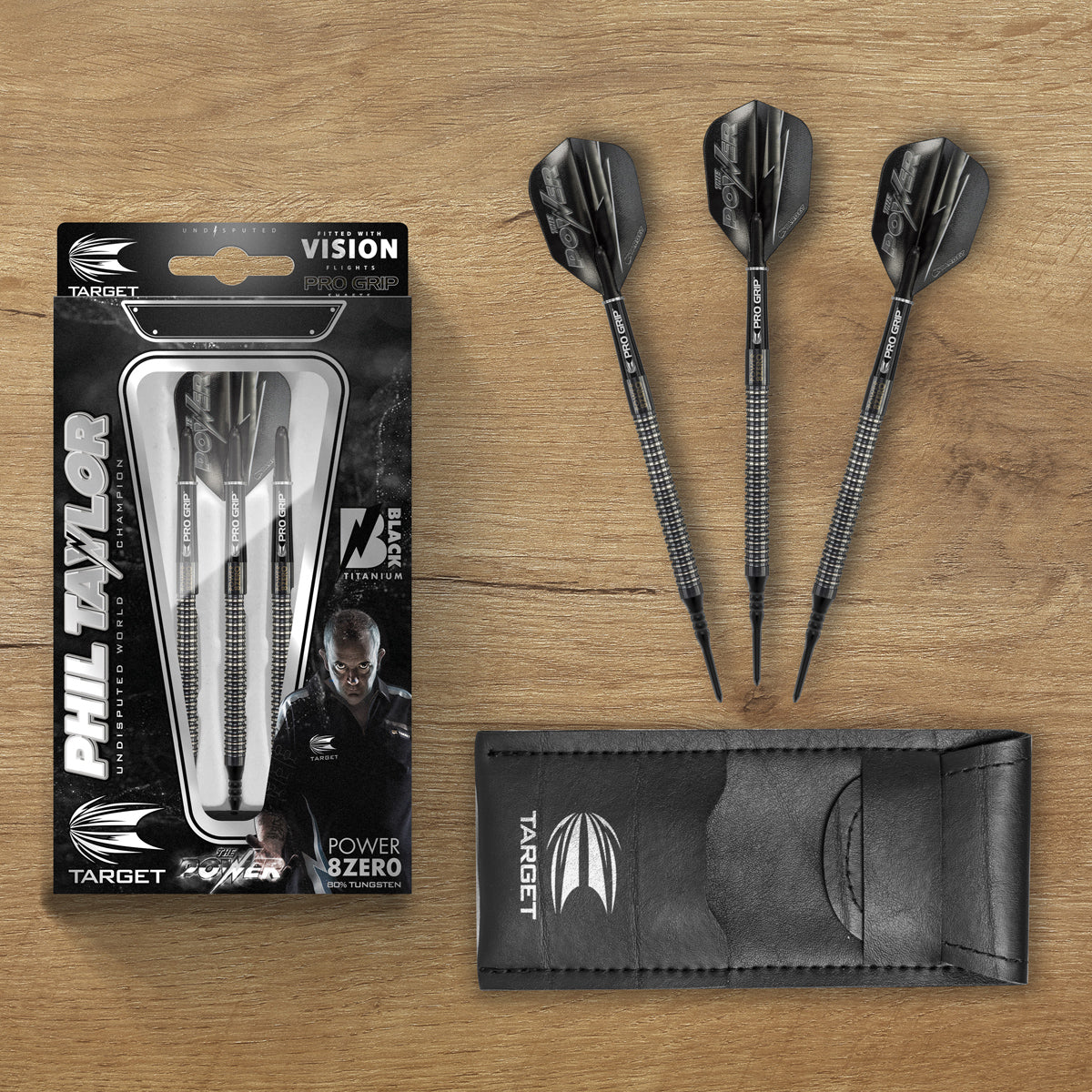 Phil Taylor 8ZERO Black S2 darts lifestyle image featuring a premium electronic darts setup and modern playing environment