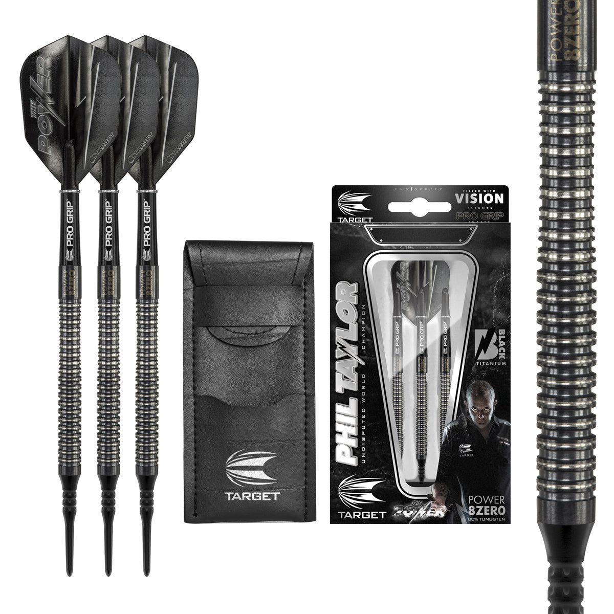 Phil Taylor 8ZERO Black S2 Soft Tip Darts main product image showing the darts, packaging, flights, shafts, and included accessories