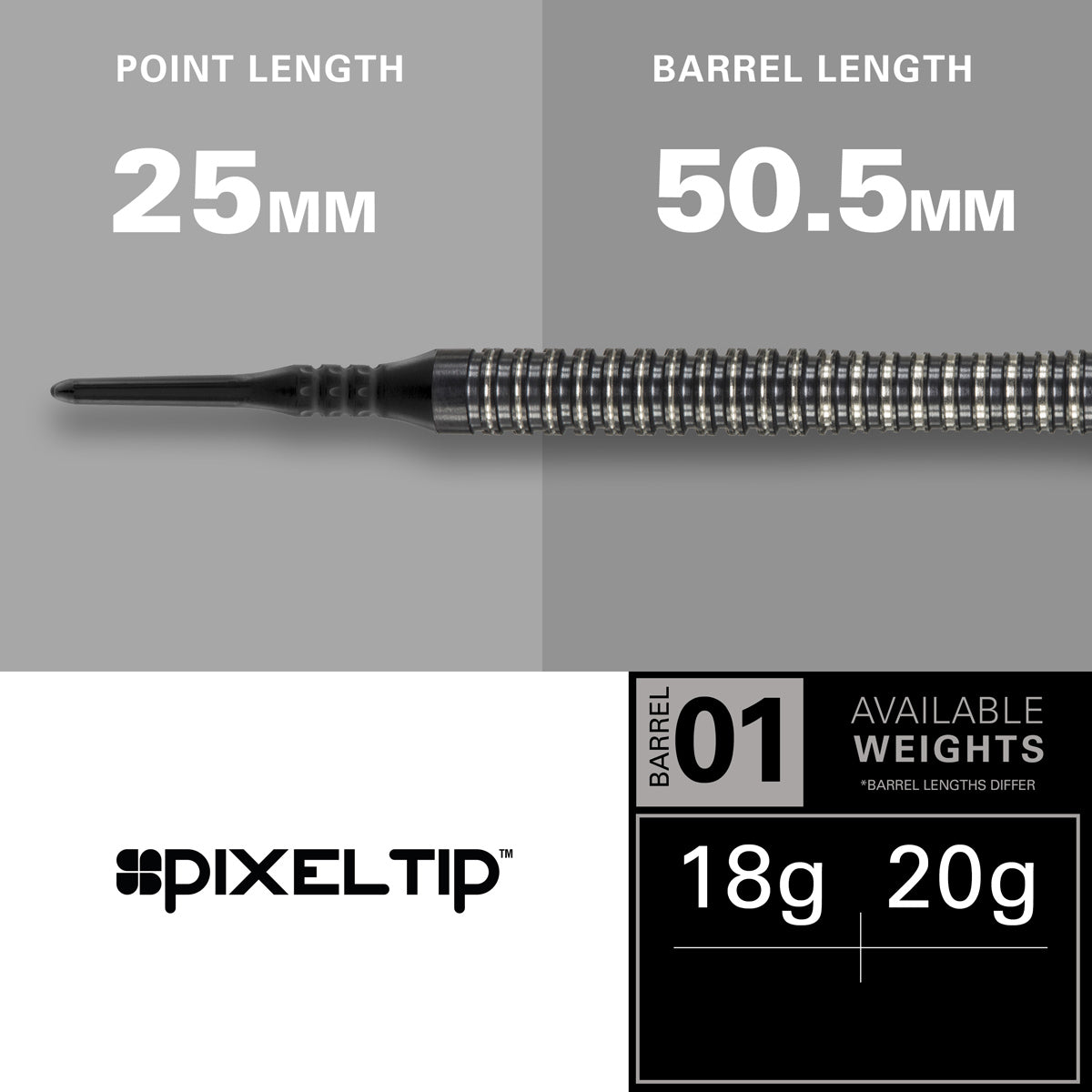 Phil Taylor 8ZERO Black S2 Soft Tip Darts specifications image showing barrel dimensions, weight, and technical details