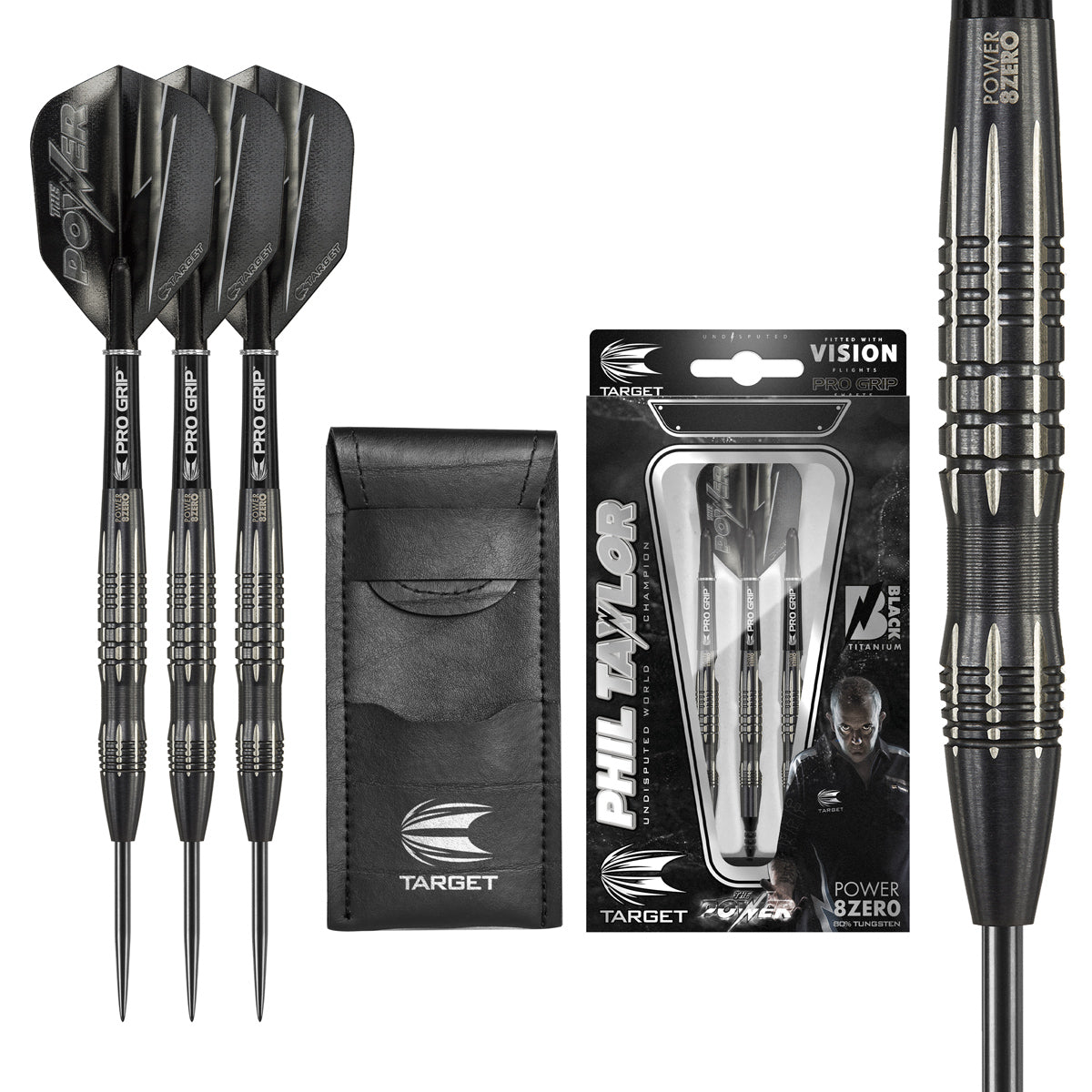 Phil Taylor 8ZERO Black S2 Steel Tip Darts main product image showing the darts, packaging, flights, shafts, and included accessories