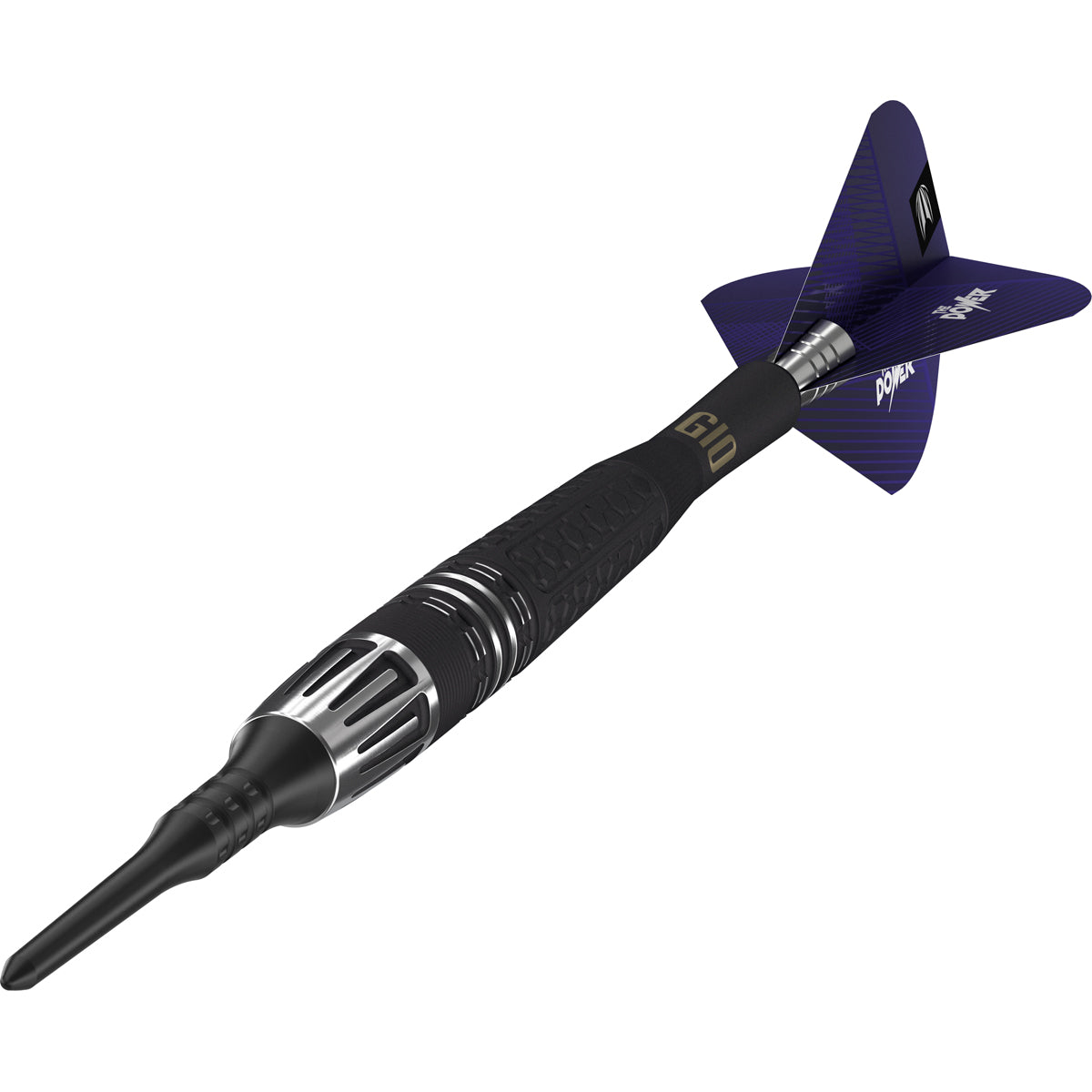 Phil Taylor Power 9Five G10 Soft Tip Darts close up image highlighting the barrel grip texture and precision machining detail