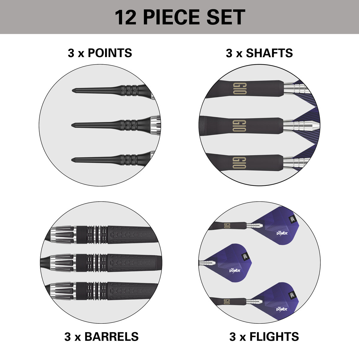 Phil Taylor Power 9Five G10 Soft Tip Darts contents image displaying everything included inside the box