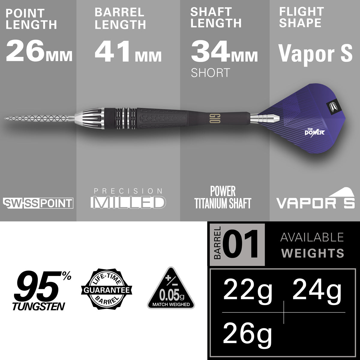 Phil Taylor Power 9Five G10 Steel Tip Darts specifications image showing barrel dimensions, weight, and technical details