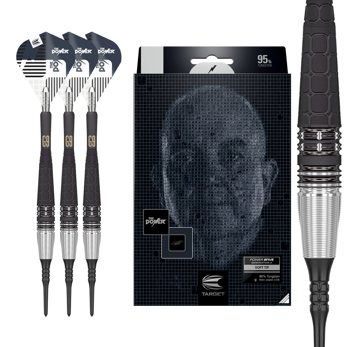 Phil Taylor Power G9 Soft Tip Darts main product image showing the darts, packaging, flights, shafts, and included accessories