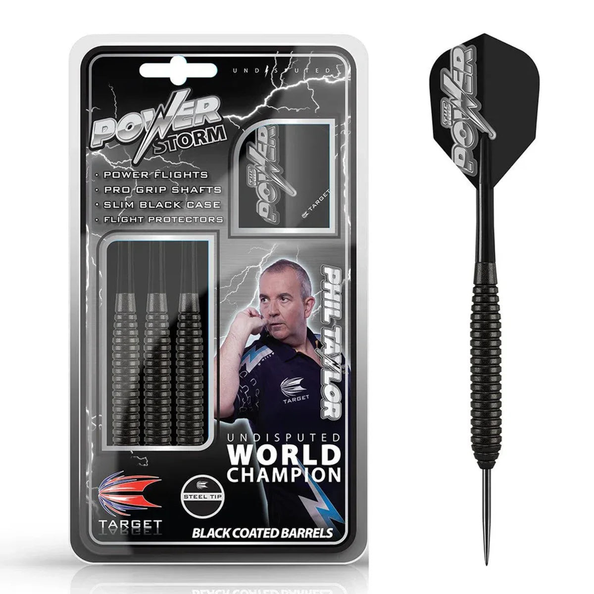 Phil Taylor Power Storm darts set with retail packaging by Target Darts