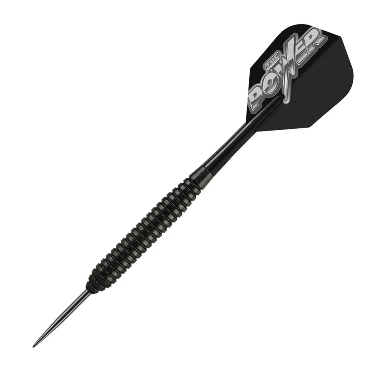 Close-up of Phil Taylor Power Storm dart with black coated barrel and Power flight