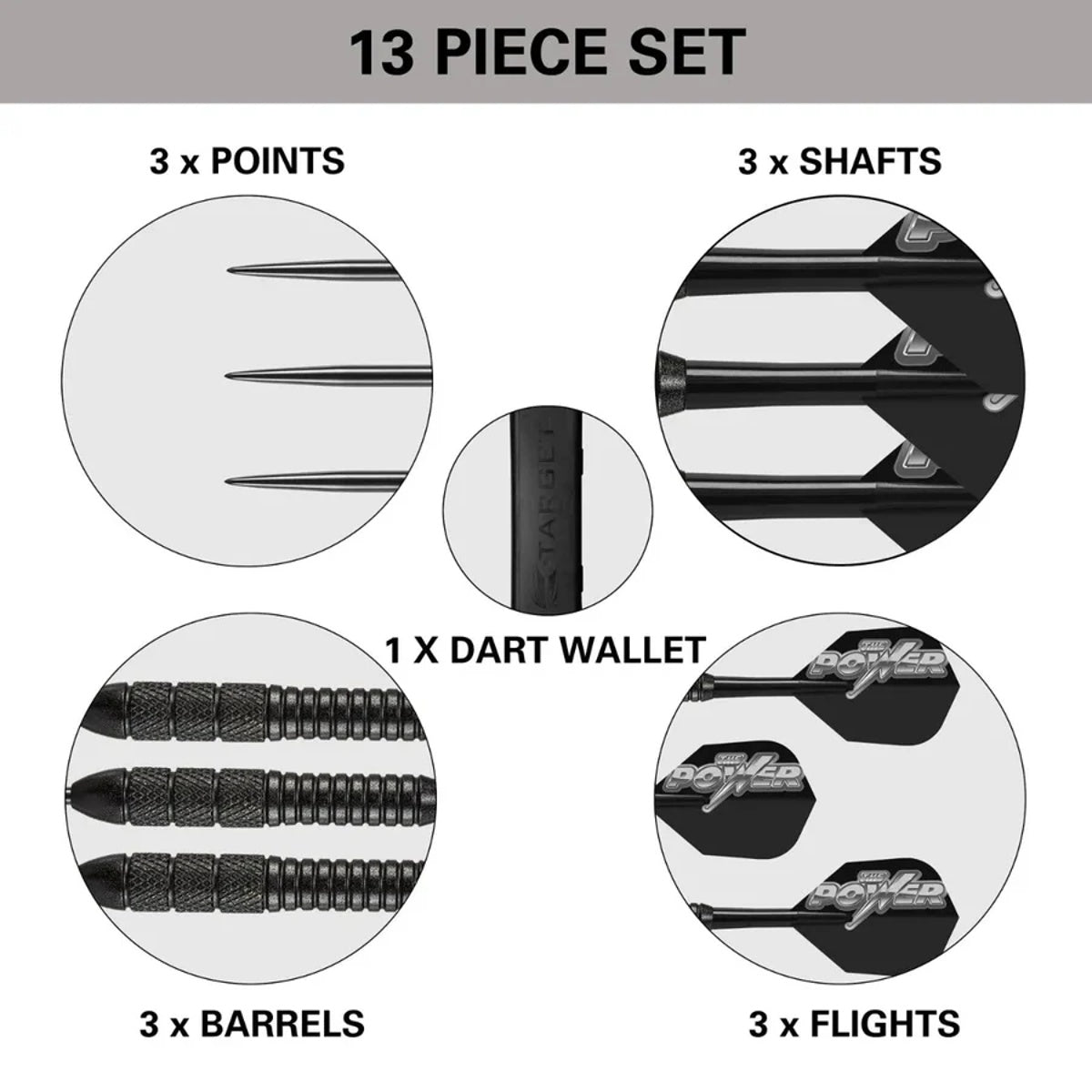 Target Power Storm 13-piece set contents – barrels, shafts, flights, wallet, and points