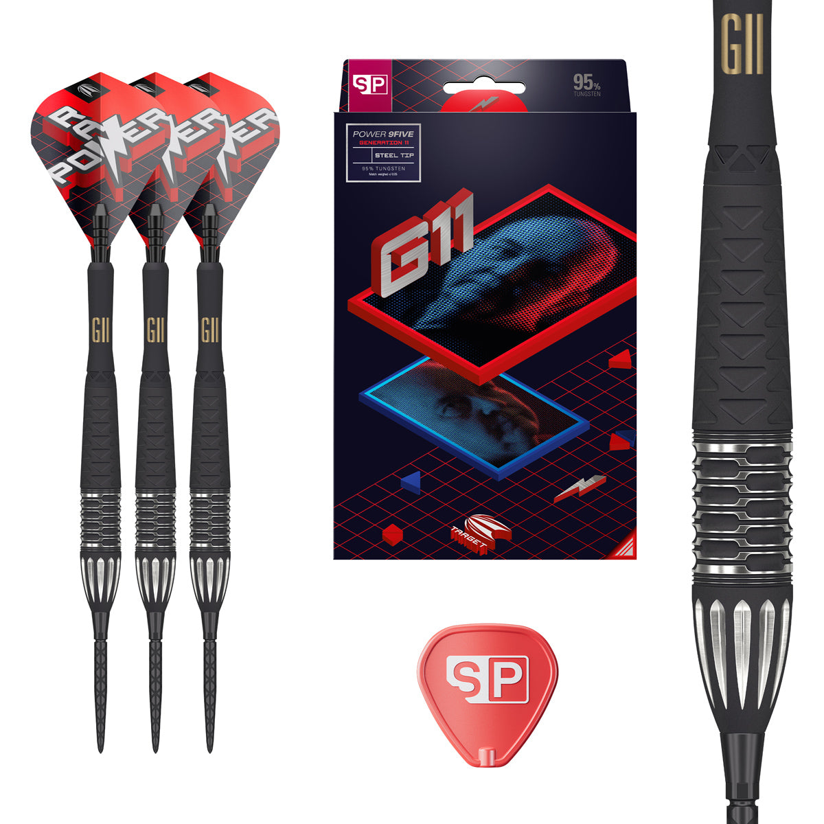 Phil Taylor Raw Power G11 SP Steel Tip Darts main product image showing the darts, packaging, flights, shafts, and included accessories