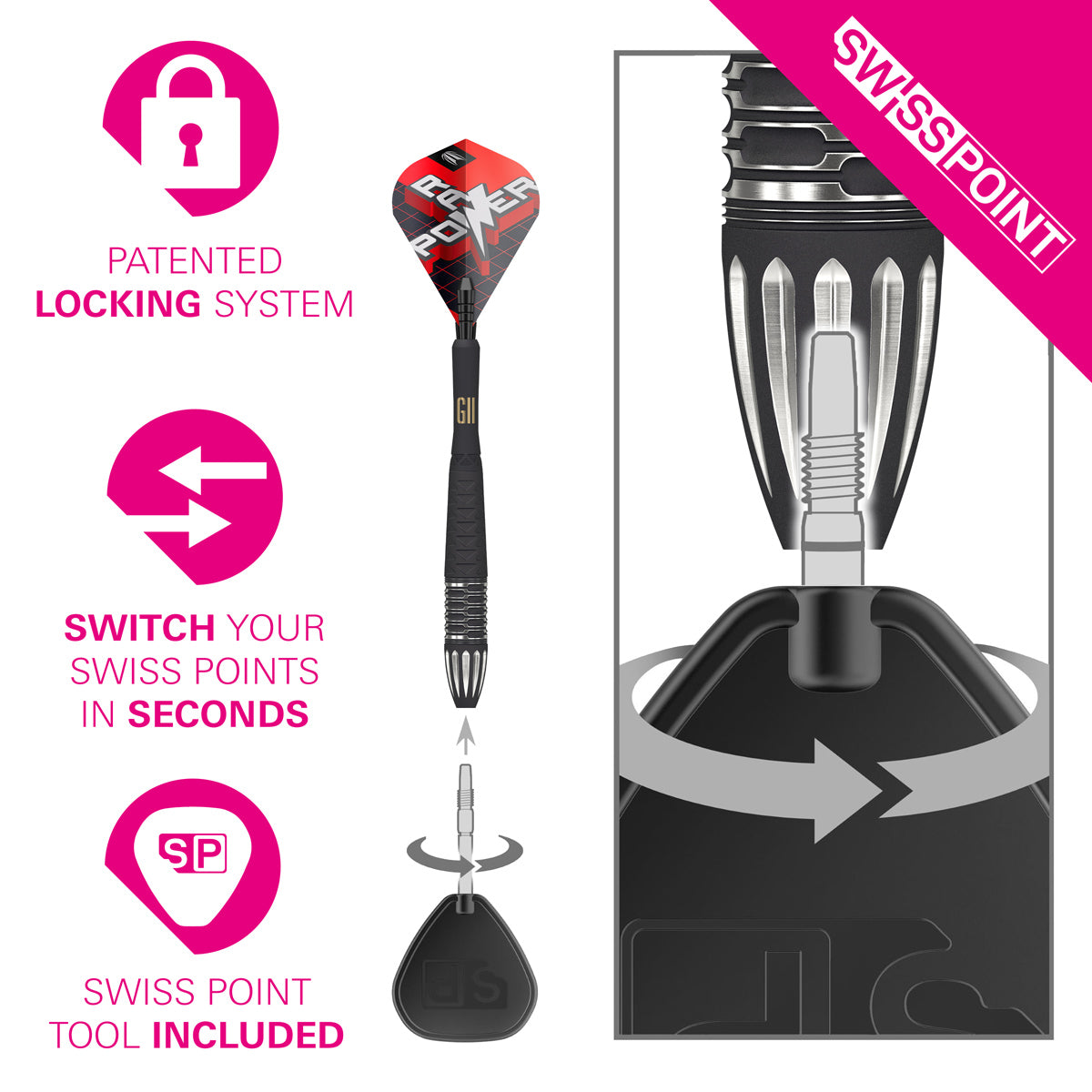 Phil Taylor Raw Power G11 Swiss Point demonstration image showing the interchangeable point system in use