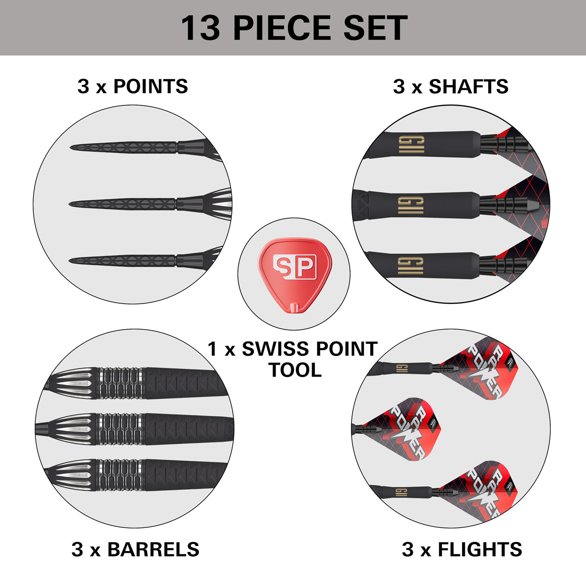Phil Taylor Raw Power G11 Steel Tip Darts contents image displaying everything included inside the box