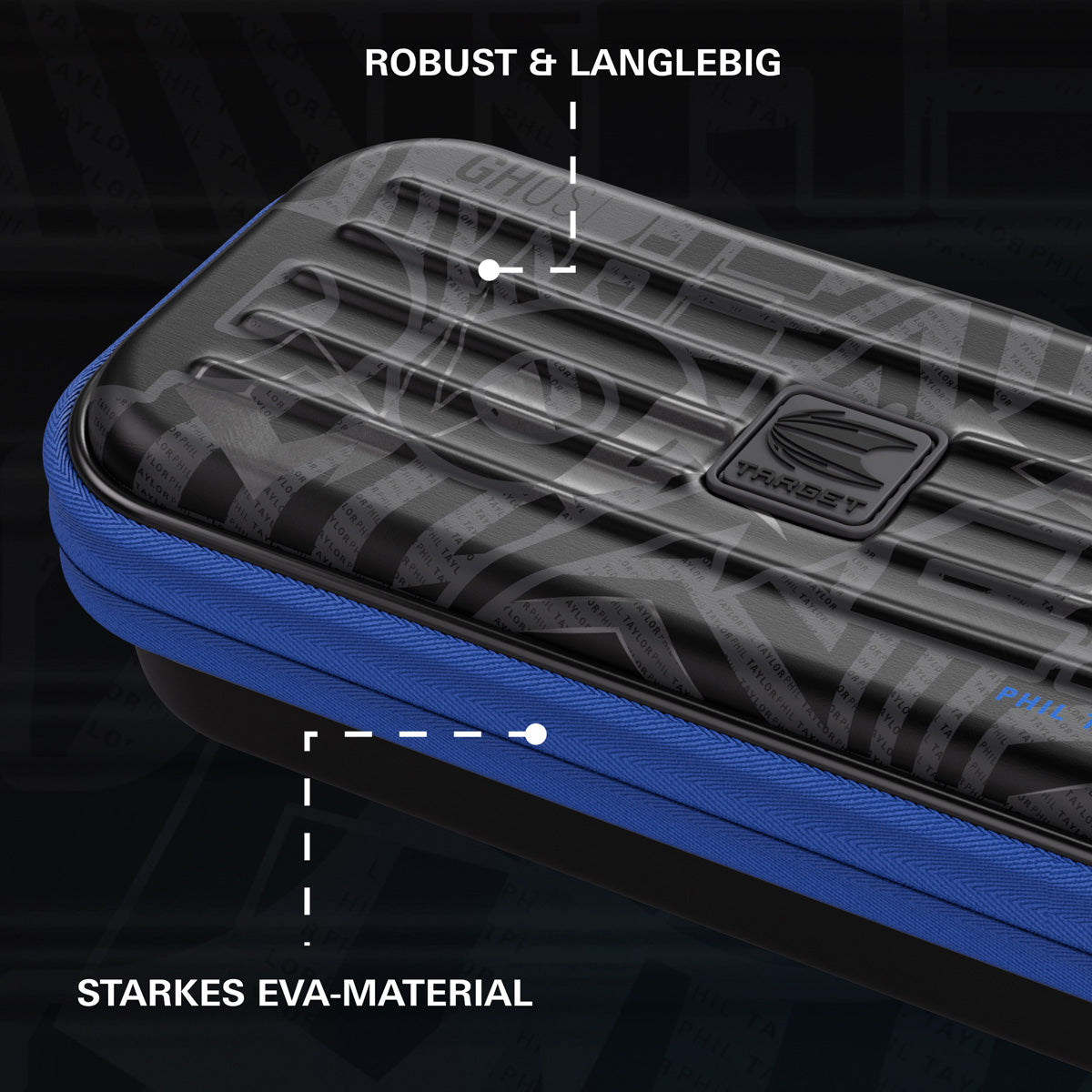Target Phil Taylor Takoma Ghost Dart Case image highlighting the external materials, zip, handle, branding, and protective construction