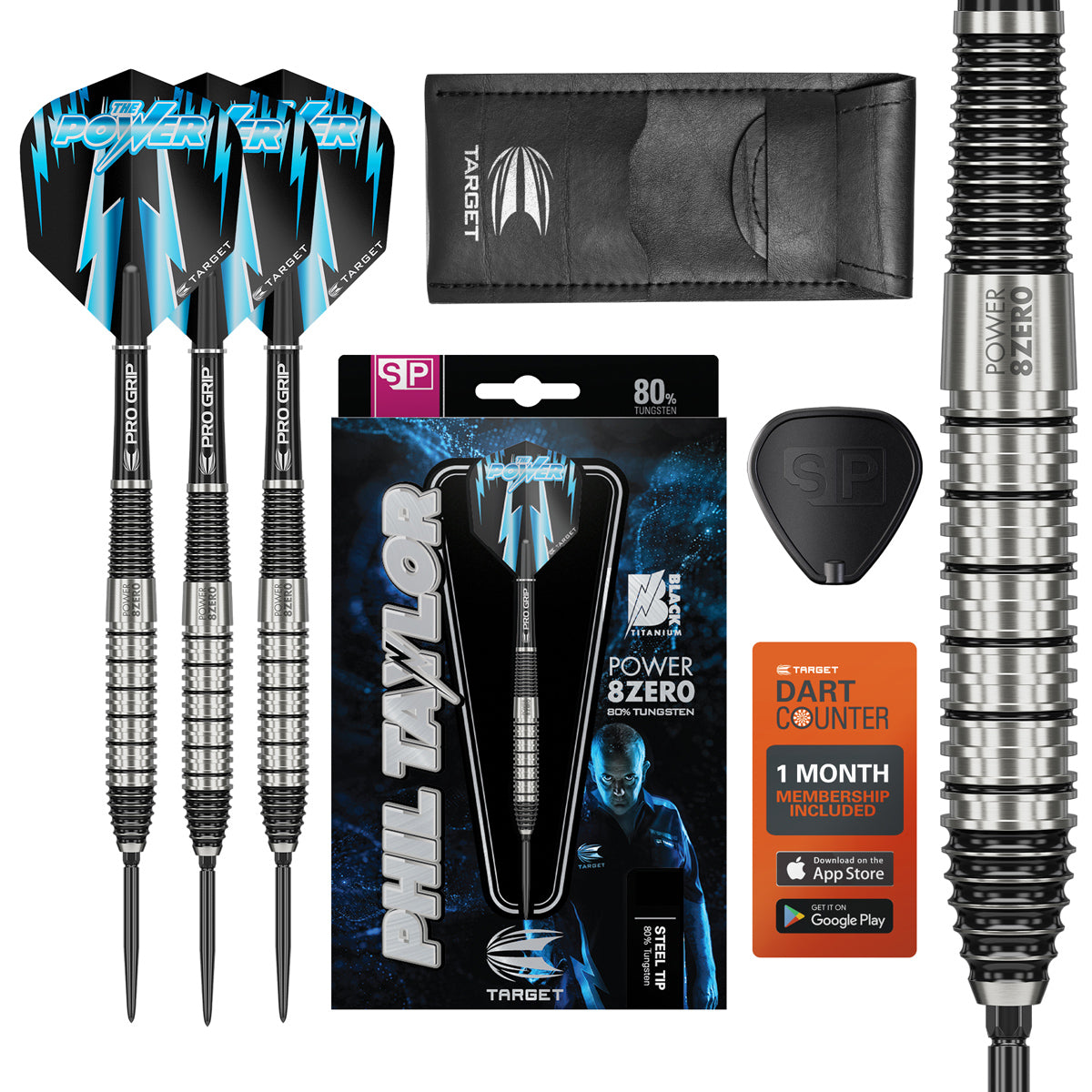 Power 8Zero 2 SP Steel Tip Darts main product image showing the darts, packaging, flights, shafts, and included accessories