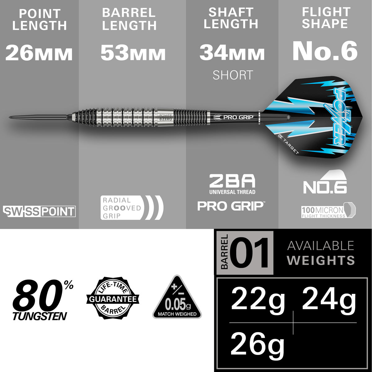 Power 8Zero 2 Steel Tip Darts specifications image showing barrel dimensions, weight, and technical details