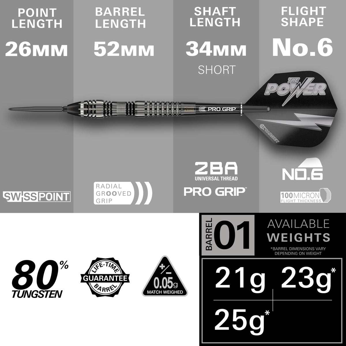 Power 8Zero 4 Steel Tip Darts specifications image showing barrel dimensions, weight, and technical details