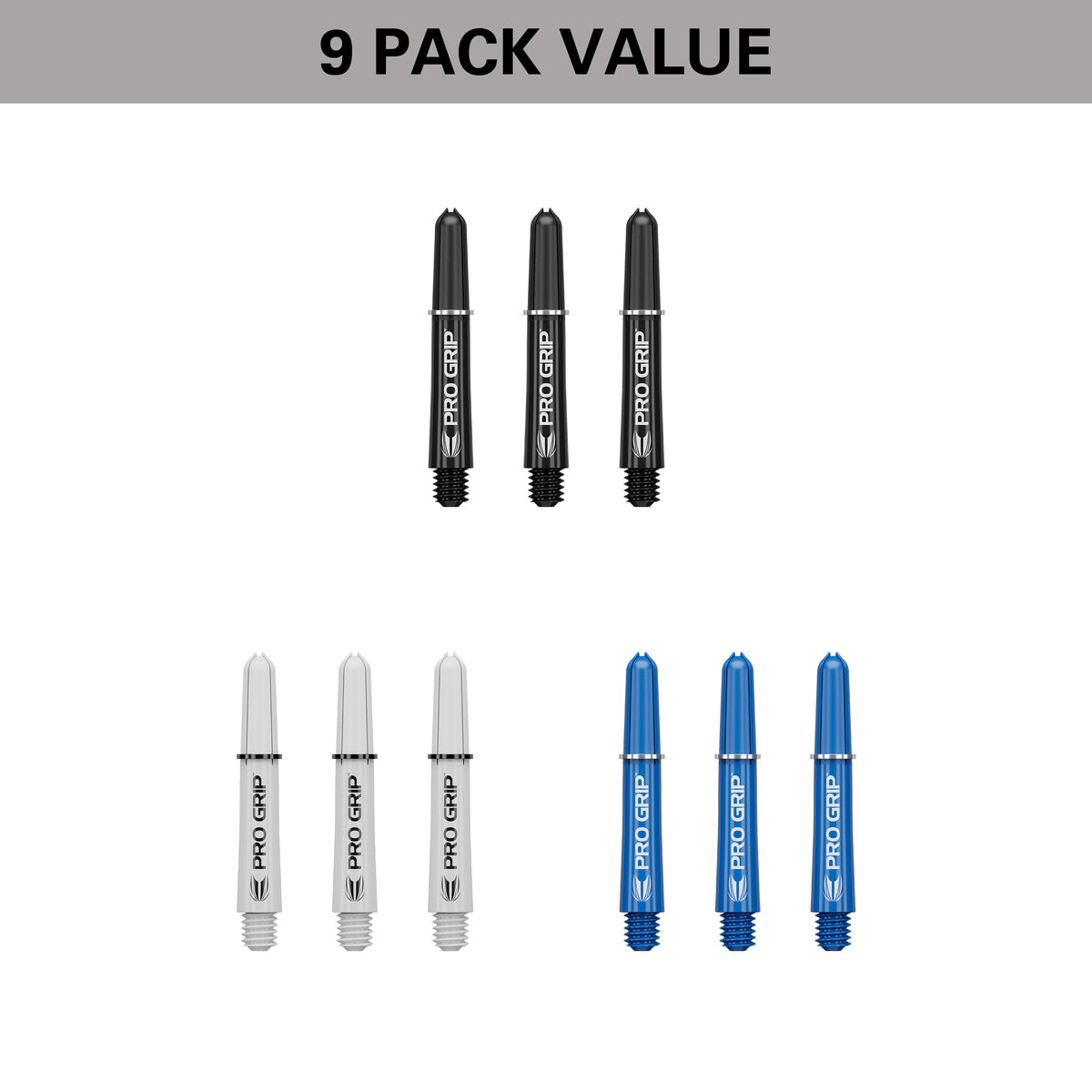 Pro Grip 3 Set Multipack Black White and Blue Dart Stems Shafts image highlighting the 9 pack value format containing three sets of shafts for extended use and improved value.