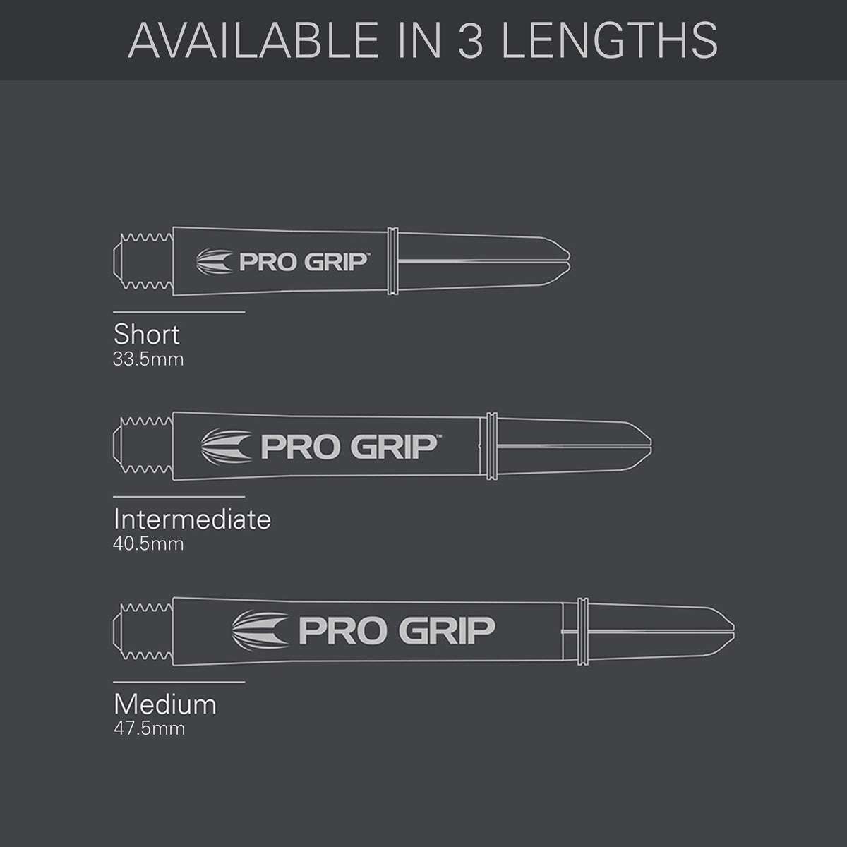 Pro Grip 3 Set Multipack Black White and Blue Dart Stems Shafts length guide image showing available shaft sizes and dimensions