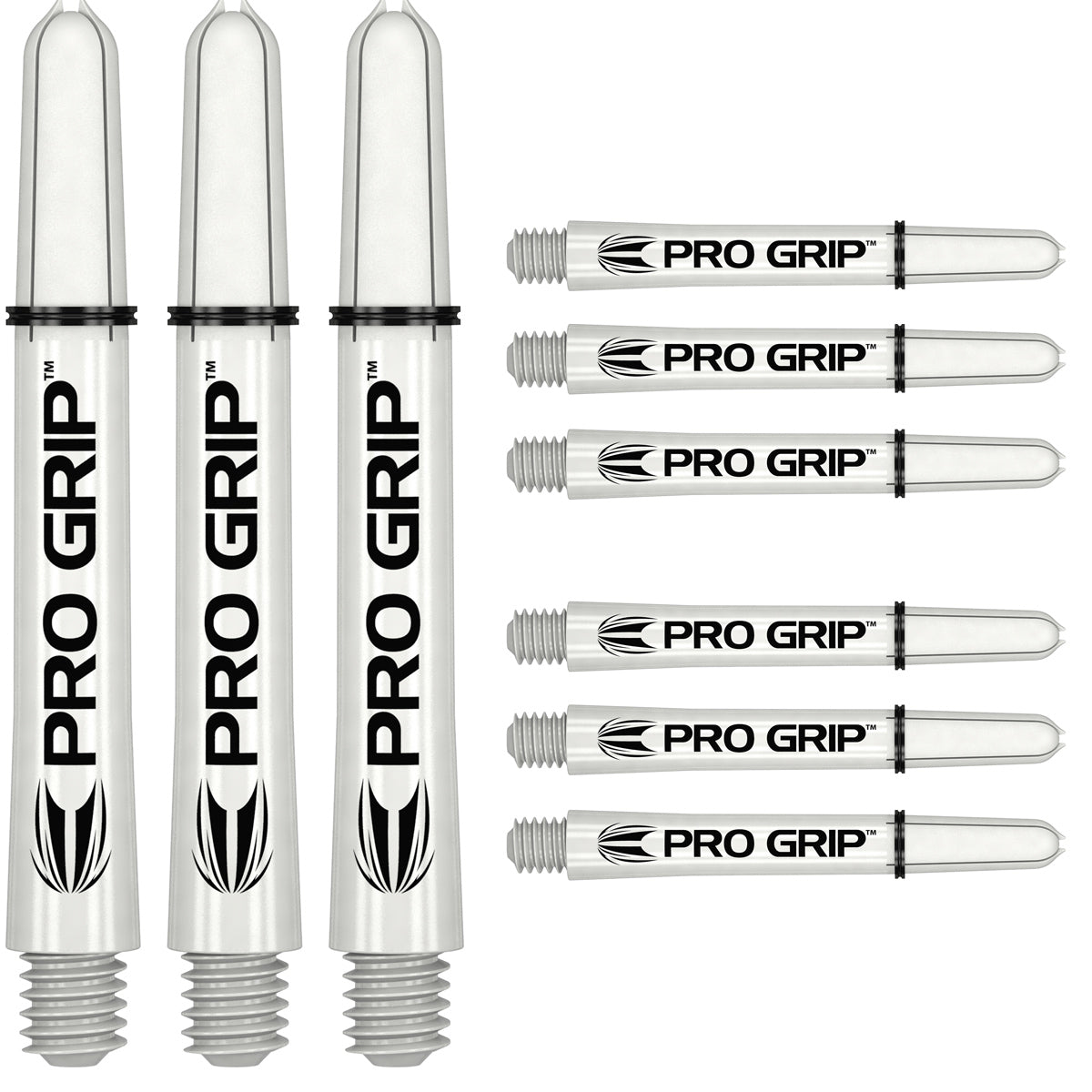 Pro Grip Dart Stems Shafts Inbetween Sizes White main product image showing the shafts, packaging, and included contents