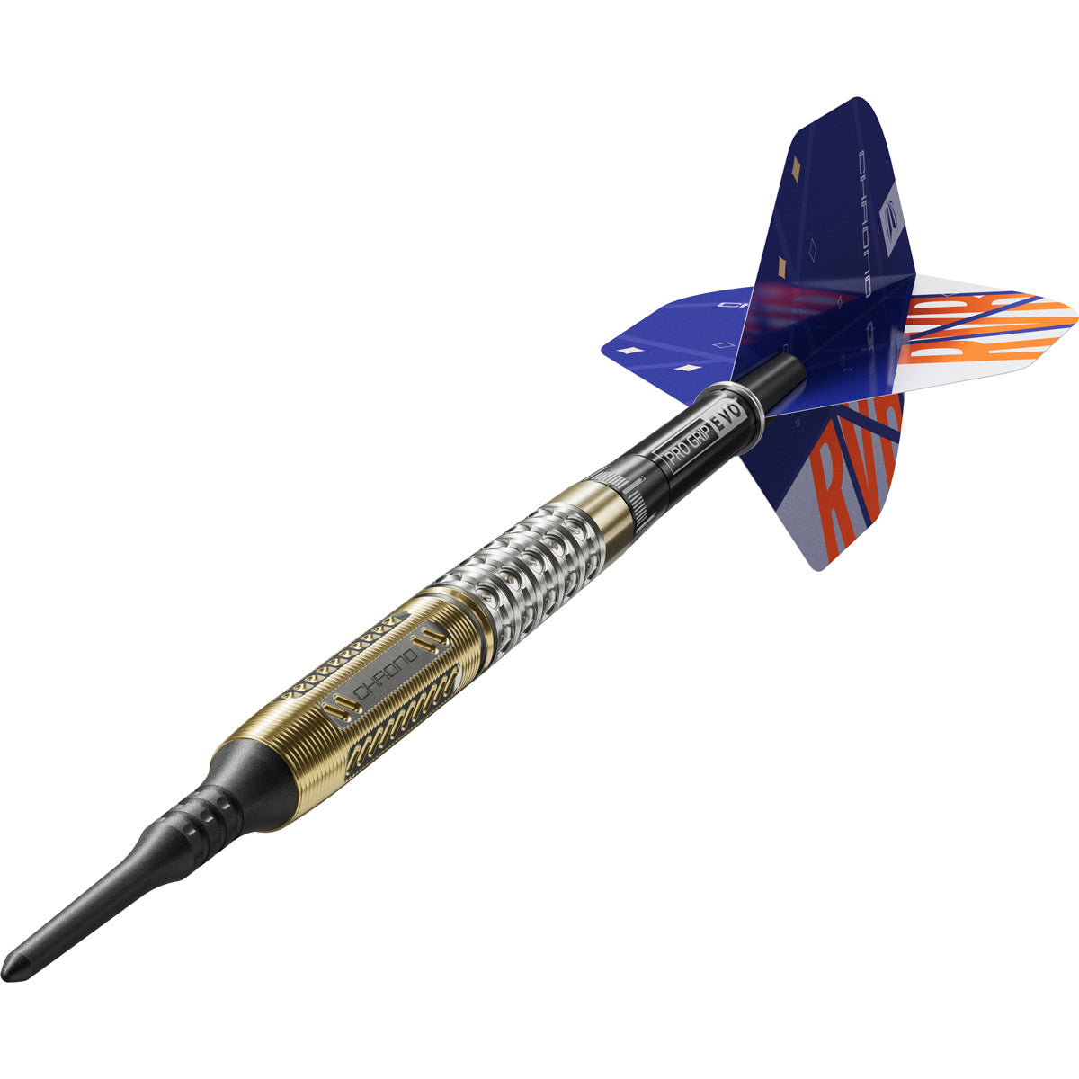 Raymond Van Barneveld Chrono Soft Tip Darts close up image highlighting the barrel grip texture and precision machining detail