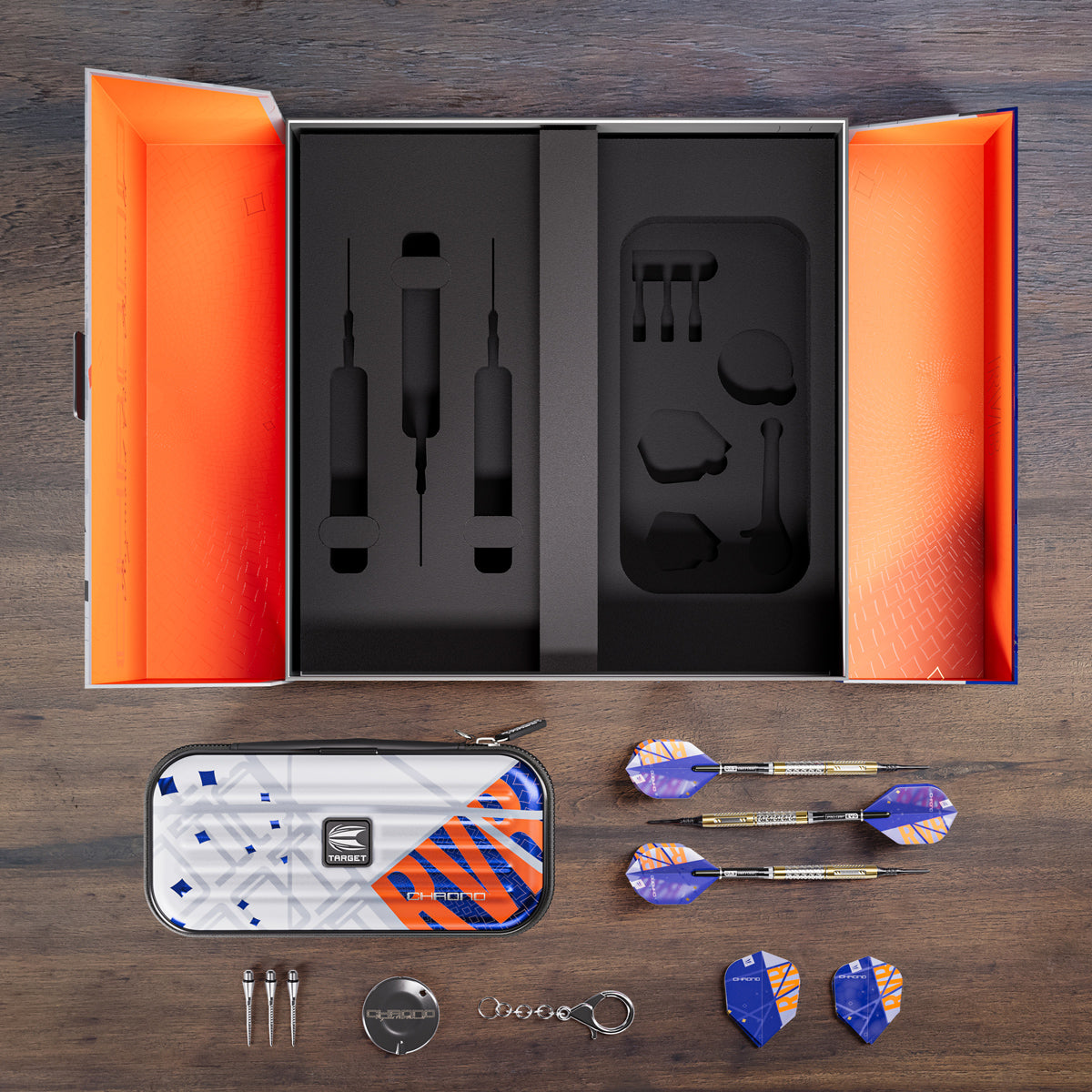 Raymond Van Barneveld Chrono darts lifestyle image featuring a premium electronic darts setup and modern playing environment