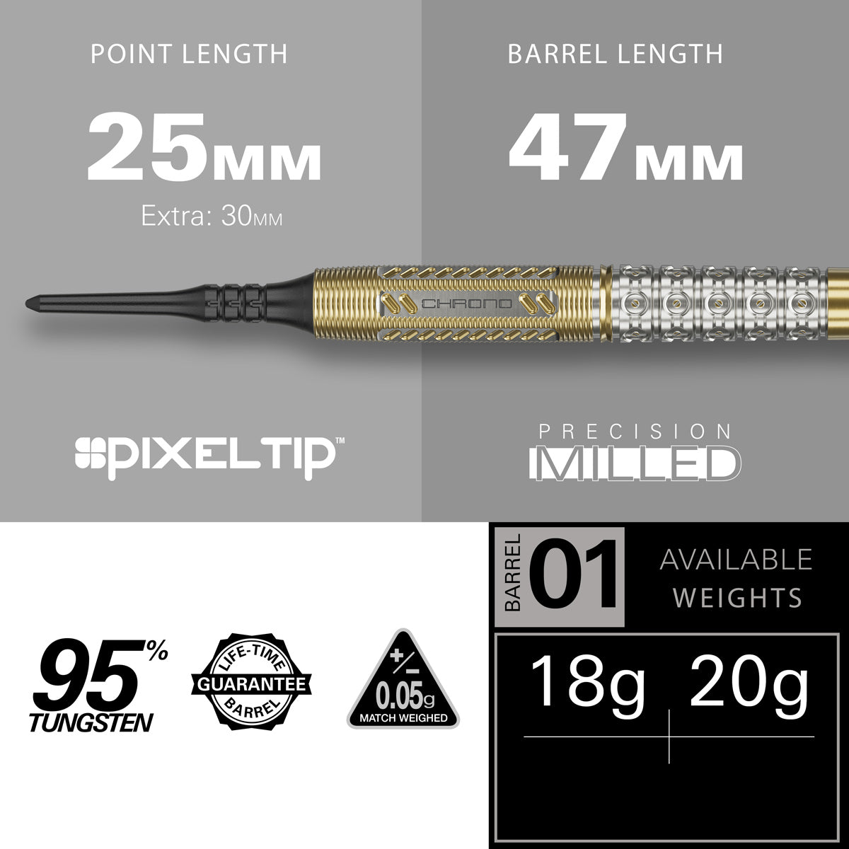 Raymond Van Barneveld Chrono Soft Tip Darts specifications image showing barrel dimensions, weight, and technical details