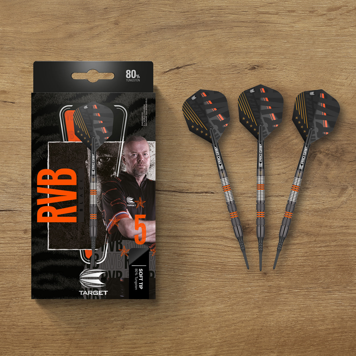 Raymond Van Barneveld RVB 80 Black darts lifestyle image featuring a premium electronic darts setup and modern playing environment