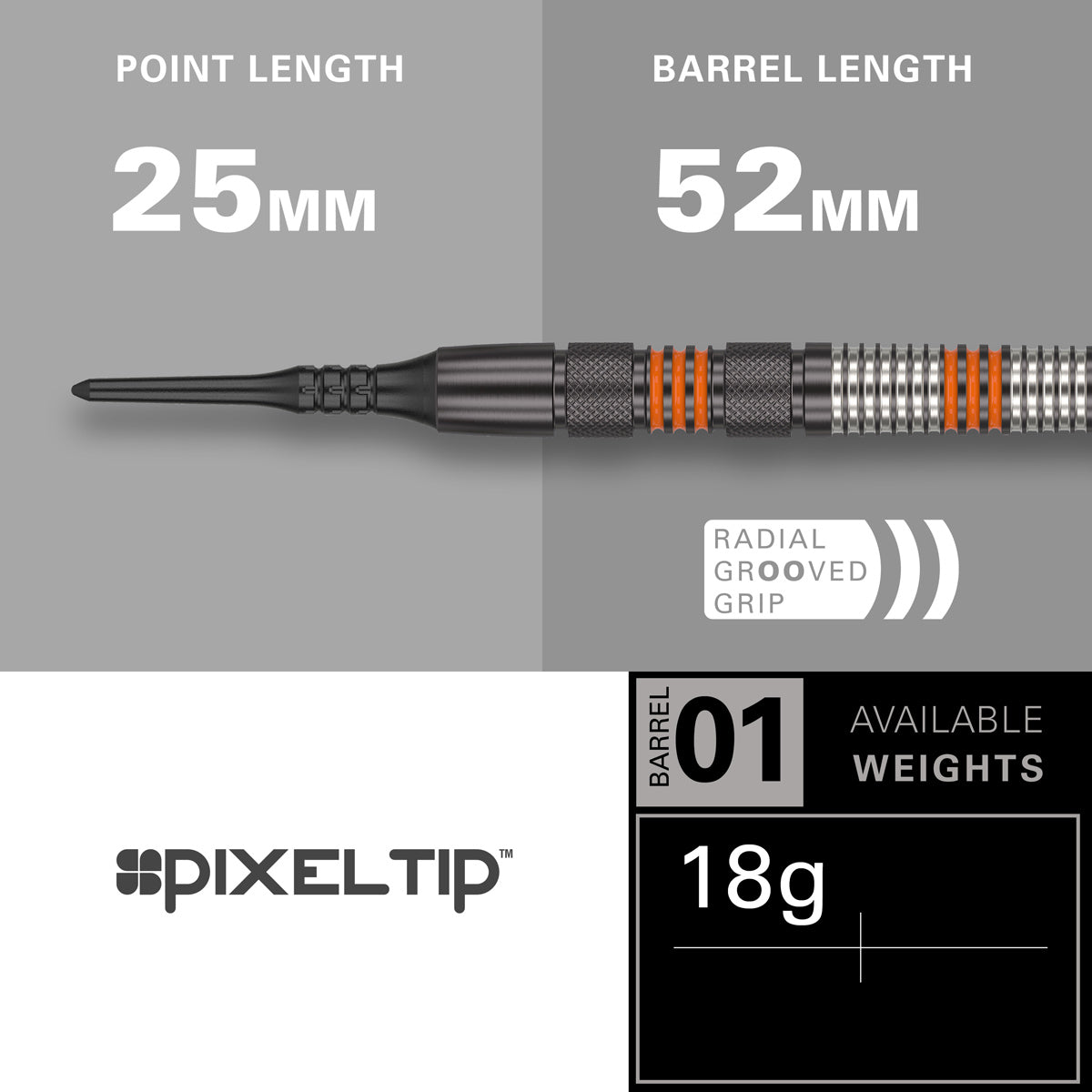 Raymond Van Barneveld RVB 80 Black Soft Tip Darts specifications image showing barrel dimensions, weight, and technical details