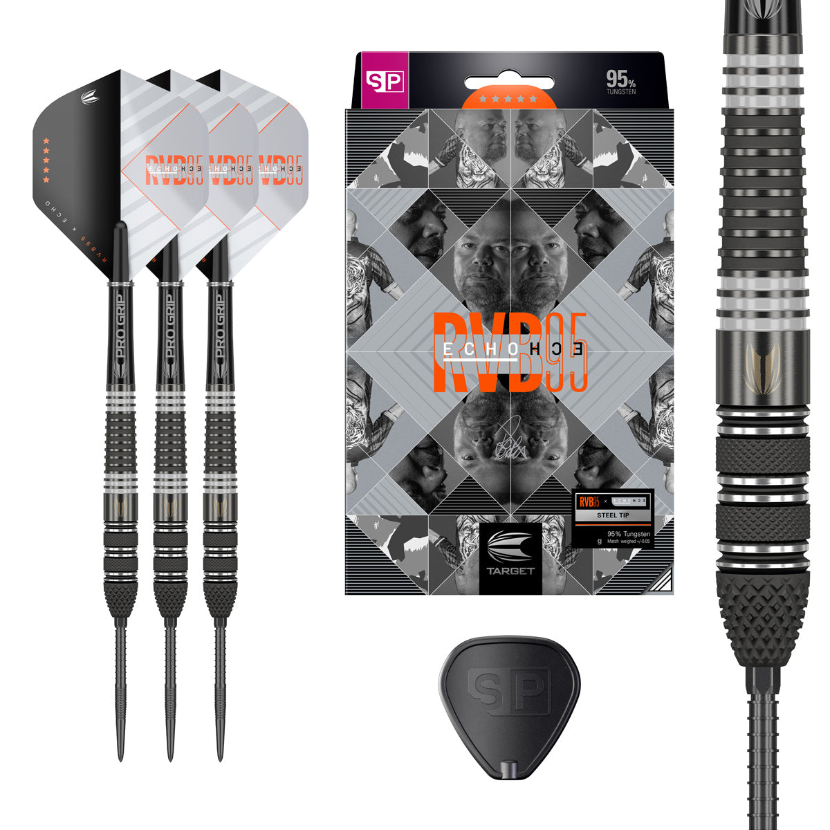 Raymond van Barneveld RVB95 Echo SP Steel Tip Darts main product image showing the darts, presentation box, flights, shafts, and supplied accessories